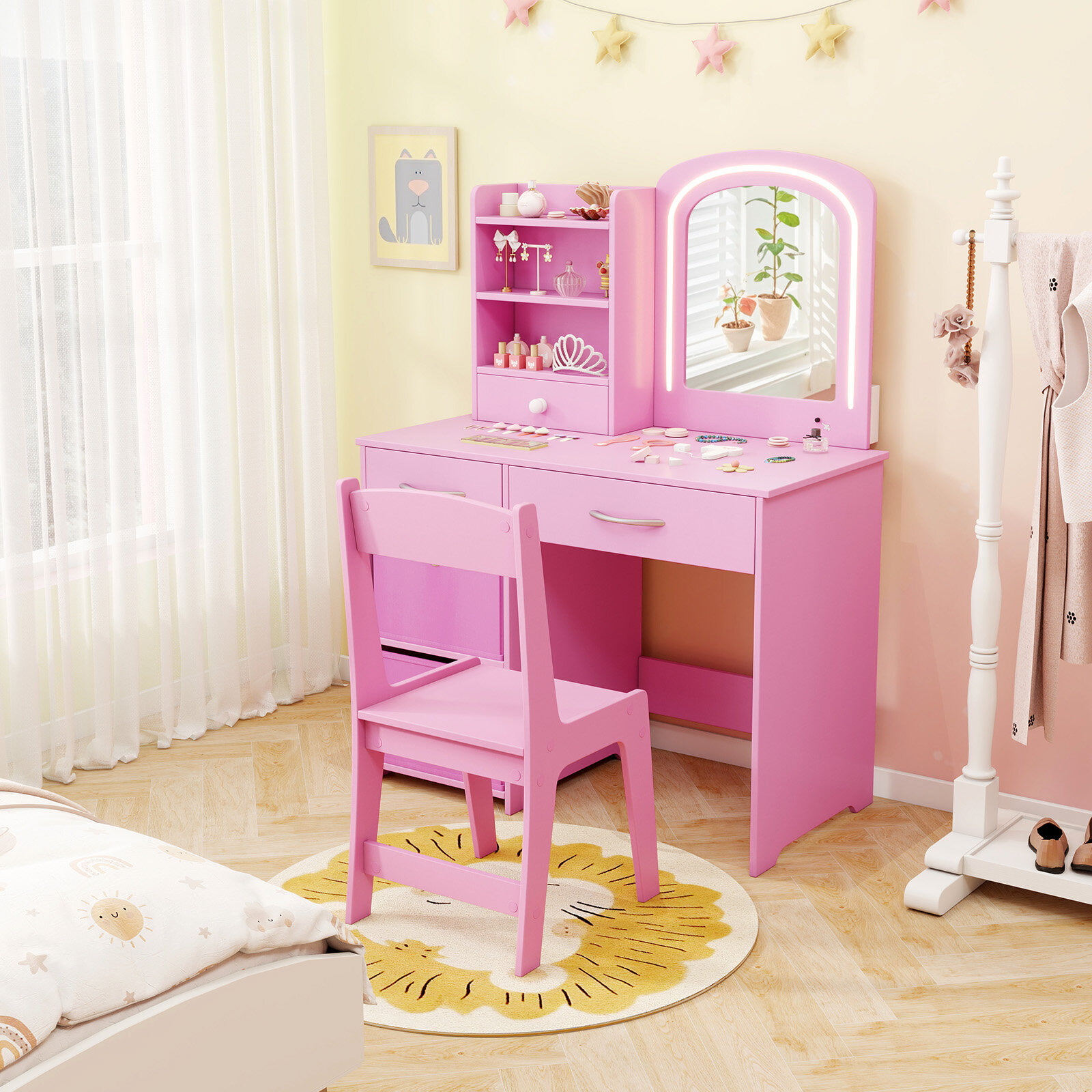 Kids Vanity Set with Lighted Mirror Makeup Desk and Chair Set with Drawers-Pink Kids Vanity Set with Lighted Mirror Makeup Desk and Chair Set with Drawers-Pink