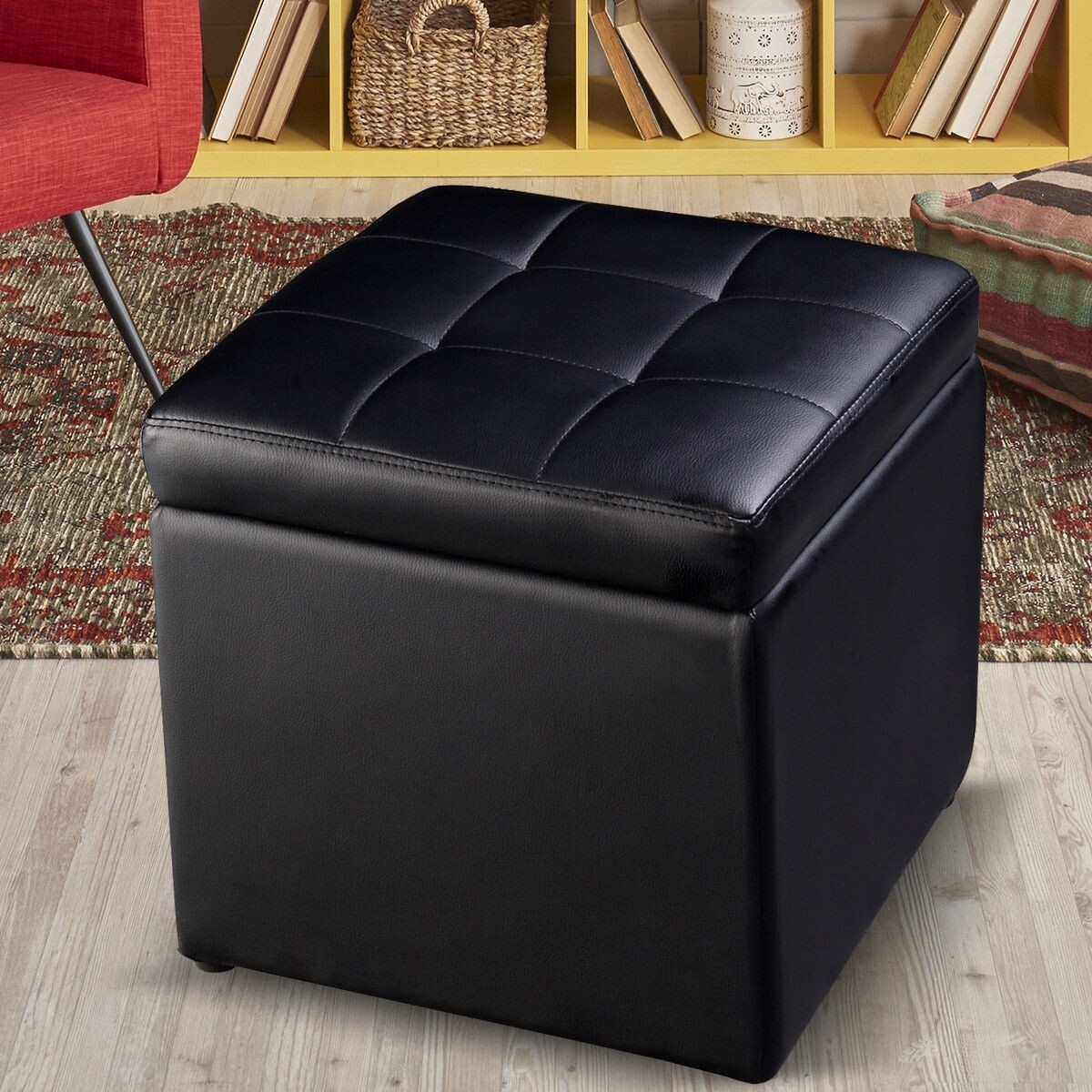 Foldable Cube Ottoman Pouffe Storage Seat-Black Foldable Cube Ottoman Pouffe Storage Seat-Black