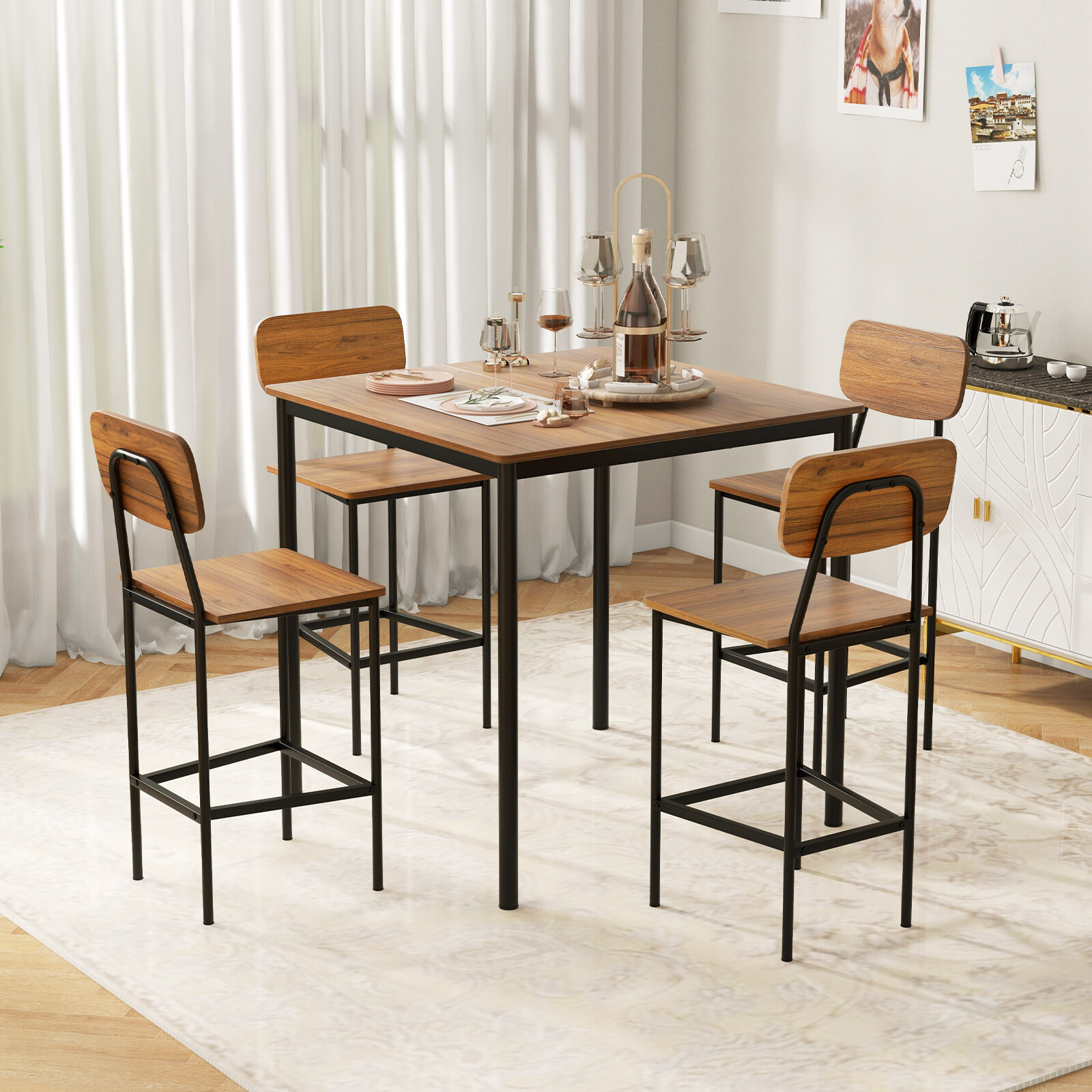 5 Pieces Industrial Dining Table Set with Counter Height Table and 4 Bar Stools-Walnut 5 Pieces Industrial Dining Table Set with Counter Height Table and 4 Bar Stools-Walnut