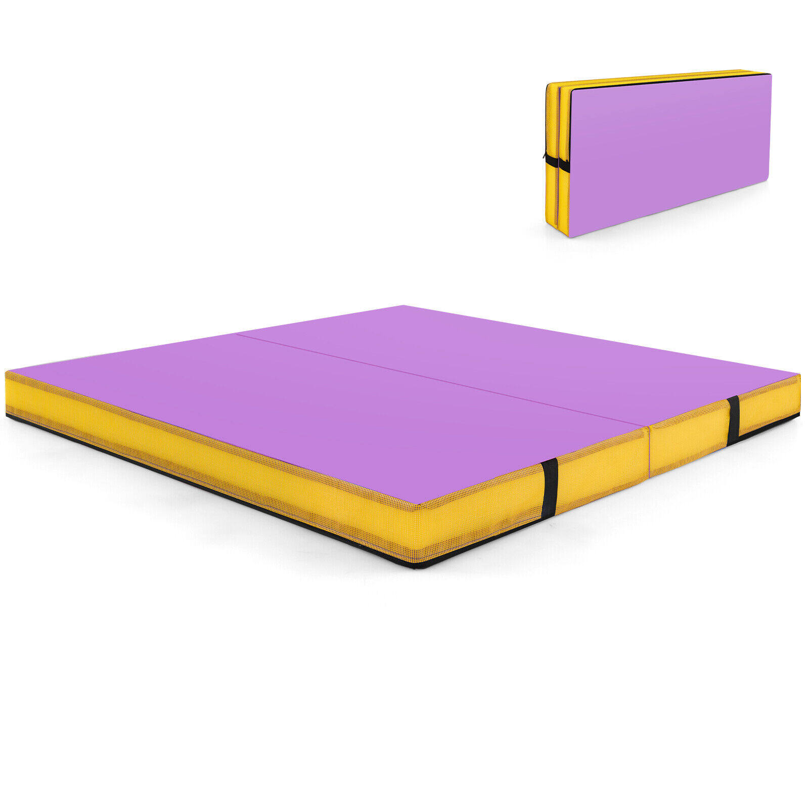 1,2 m x 1,2 m x 10 cm kahesuunaline kokkupandav võimlemismatt käepidemete ja kattega - lilla