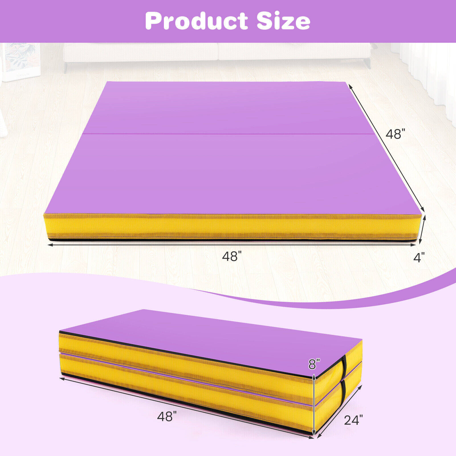 1,2 m x 1,2 m x 10 cm kahesuunaline kokkupandav võimlemismatt käepidemete ja kattega - lilla
