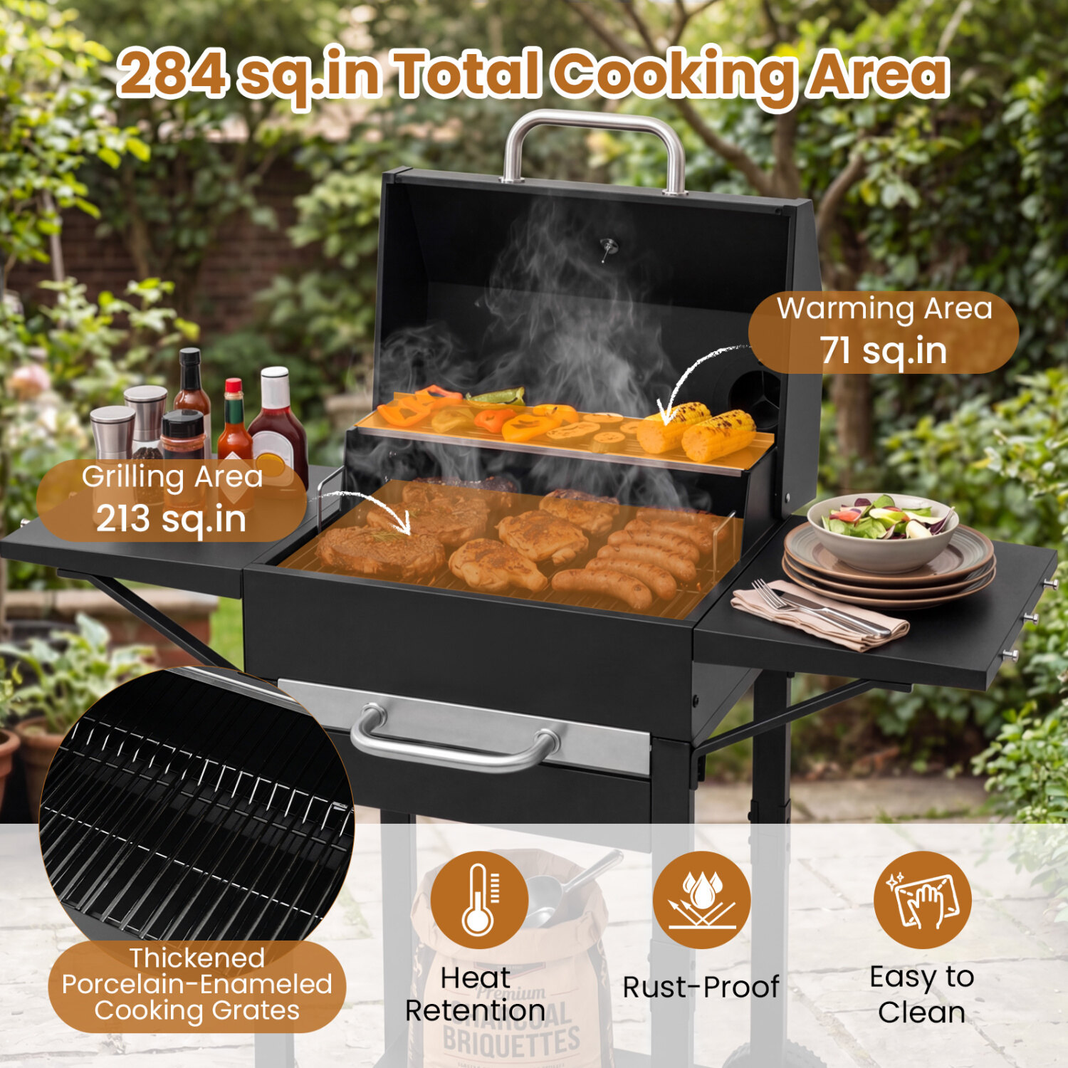 Süsigrill kahe külglaua, termomeetri ja ratastega 284 ruuttolli.