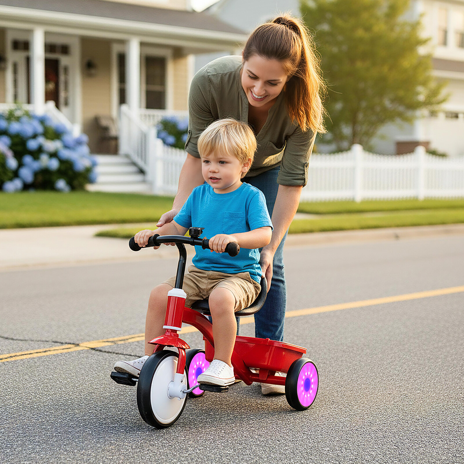 Toddler Tricycle with Glowing Wheels and 4-Level Adjustable Seat Toddler Tricycle with Glowing Wheels and 4-Level Adjustable Seat