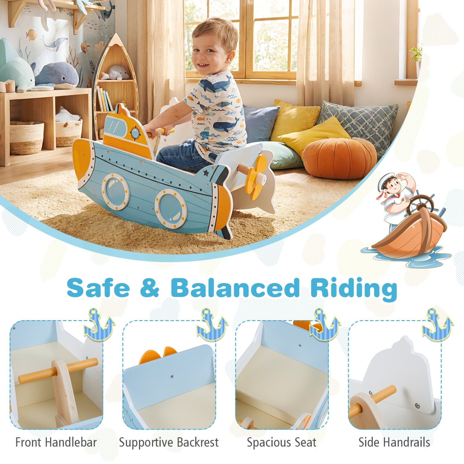 Submarine Wooden Climbing Toy with Rotating Propeller and Rocking Climber