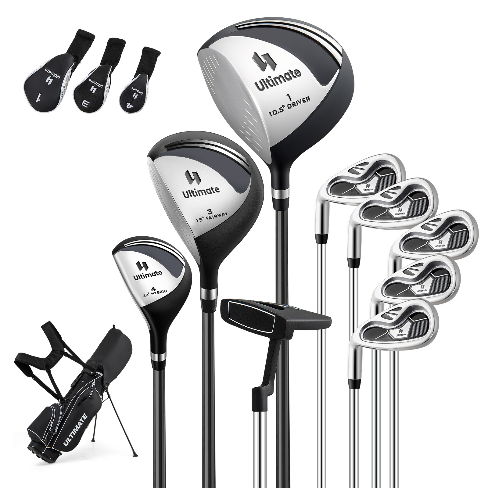Meeste vasakukäelistele mõeldud golfikeppide ja -koti komplekt, kaasaskantav kerge golfikott – must