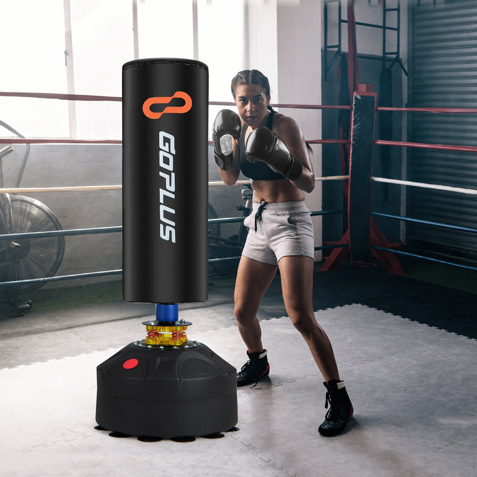 Eraldiseisev poksikott, kickboxing-kott alusega ja iminapaga alusega