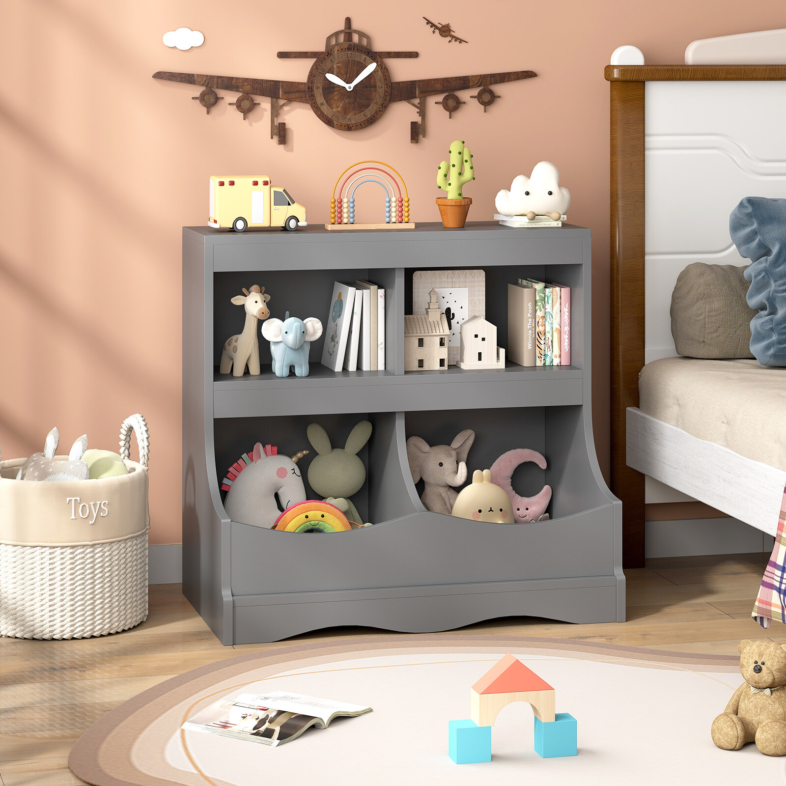 Toy Storage Organizer 4-Cubby Kids Bookcase for Toys and Books-Gray Toy Storage Organizer 4-Cubby Kids Bookcase for Toys and Books-Gray