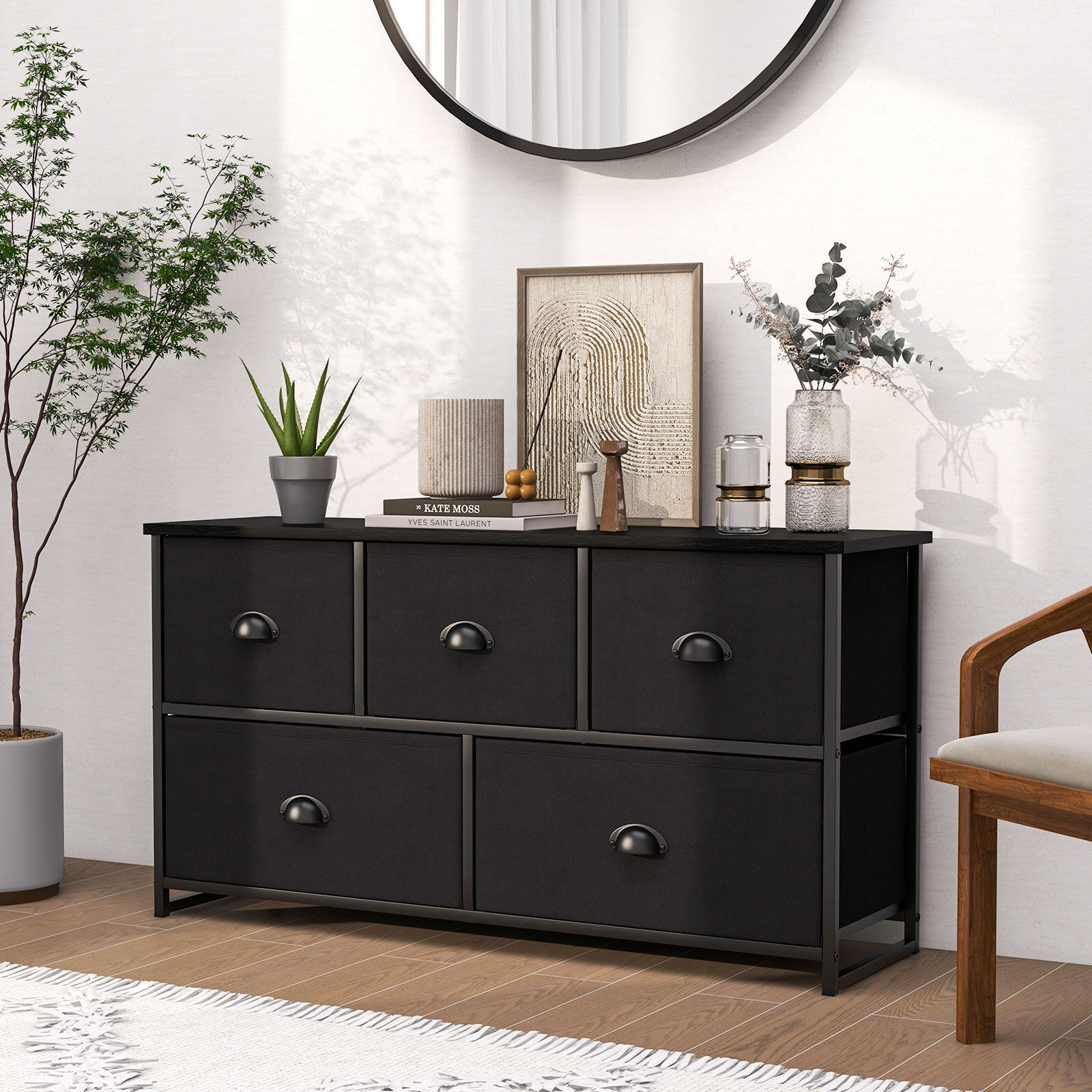 Dresser Storage Tower with 5 Foldable Cloth Storage Cubes-Black Dresser Storage Tower with 5 Foldable Cloth Storage Cubes-Black
