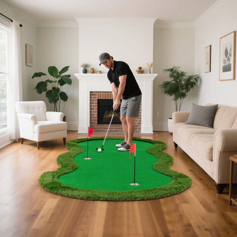 5 x 10 jala (1,5 x 3 meetri) suurune golfiväljaku matt 3 augu ja golfipallidega kodukontori tagaaeda