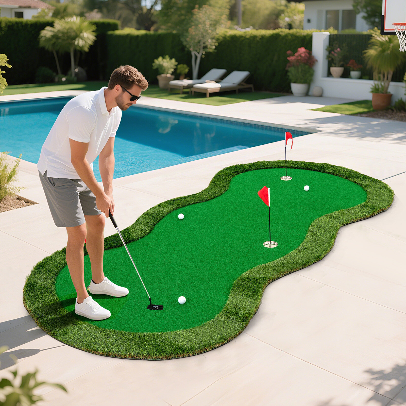 5 x 10 jala (1,5 x 3 meetri) suurune golfiväljaku matt 3 augu ja golfipallidega kodukontori tagaaeda