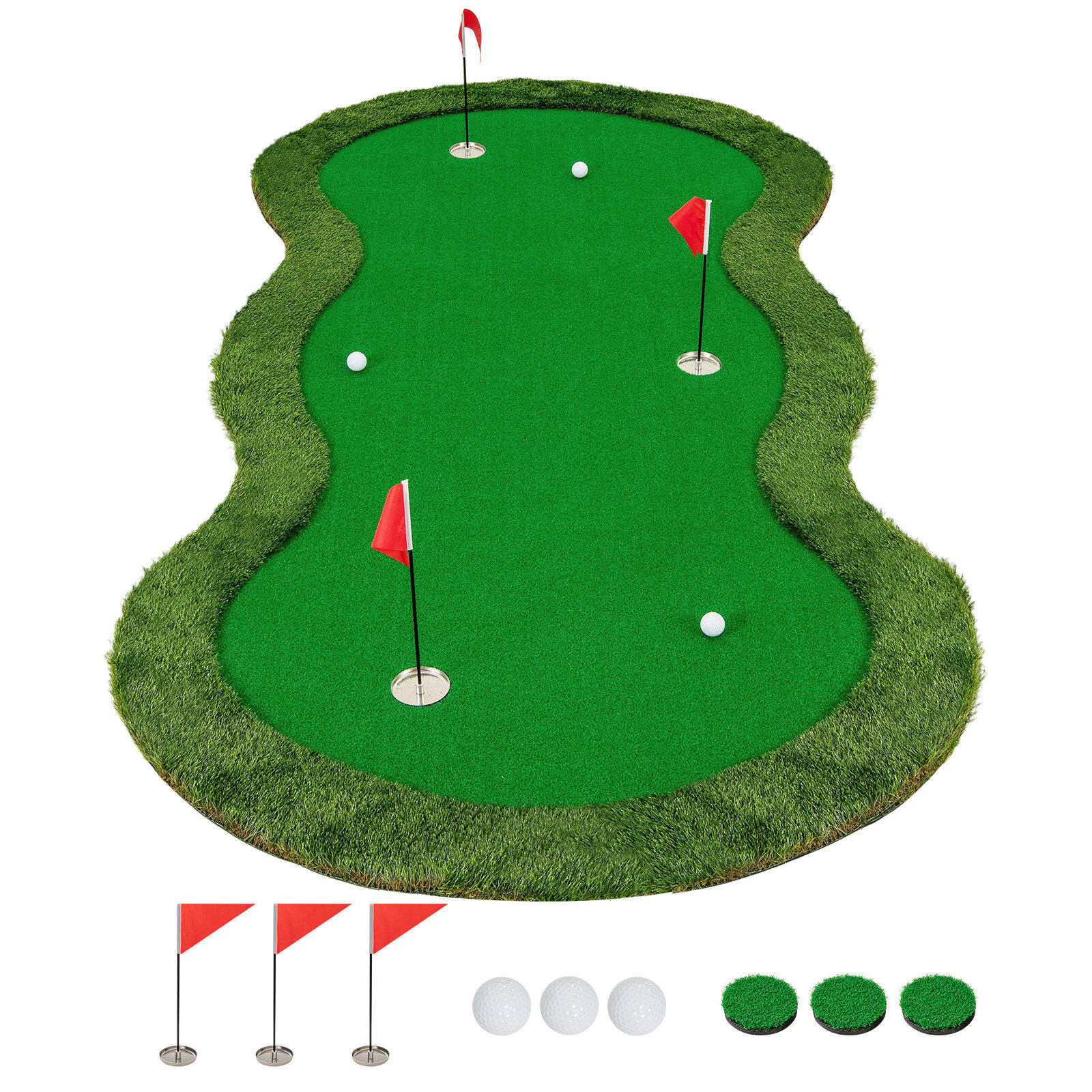 5 x 10 jala (1,5 x 3 meetri) suurune golfiväljaku matt 3 augu ja golfipallidega kodukontori tagaaeda