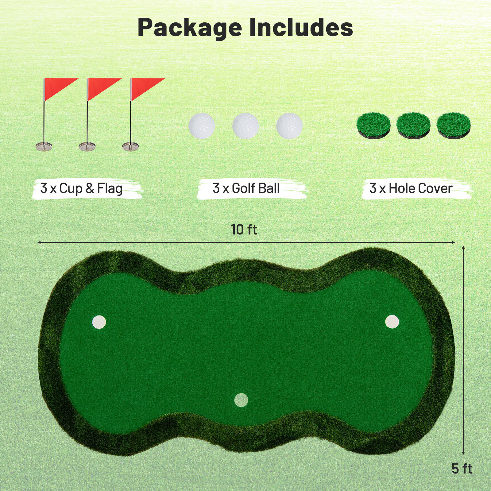 5 x 10 jala (1,5 x 3 meetri) suurune golfiväljaku matt 3 augu ja golfipallidega kodukontori tagaaeda