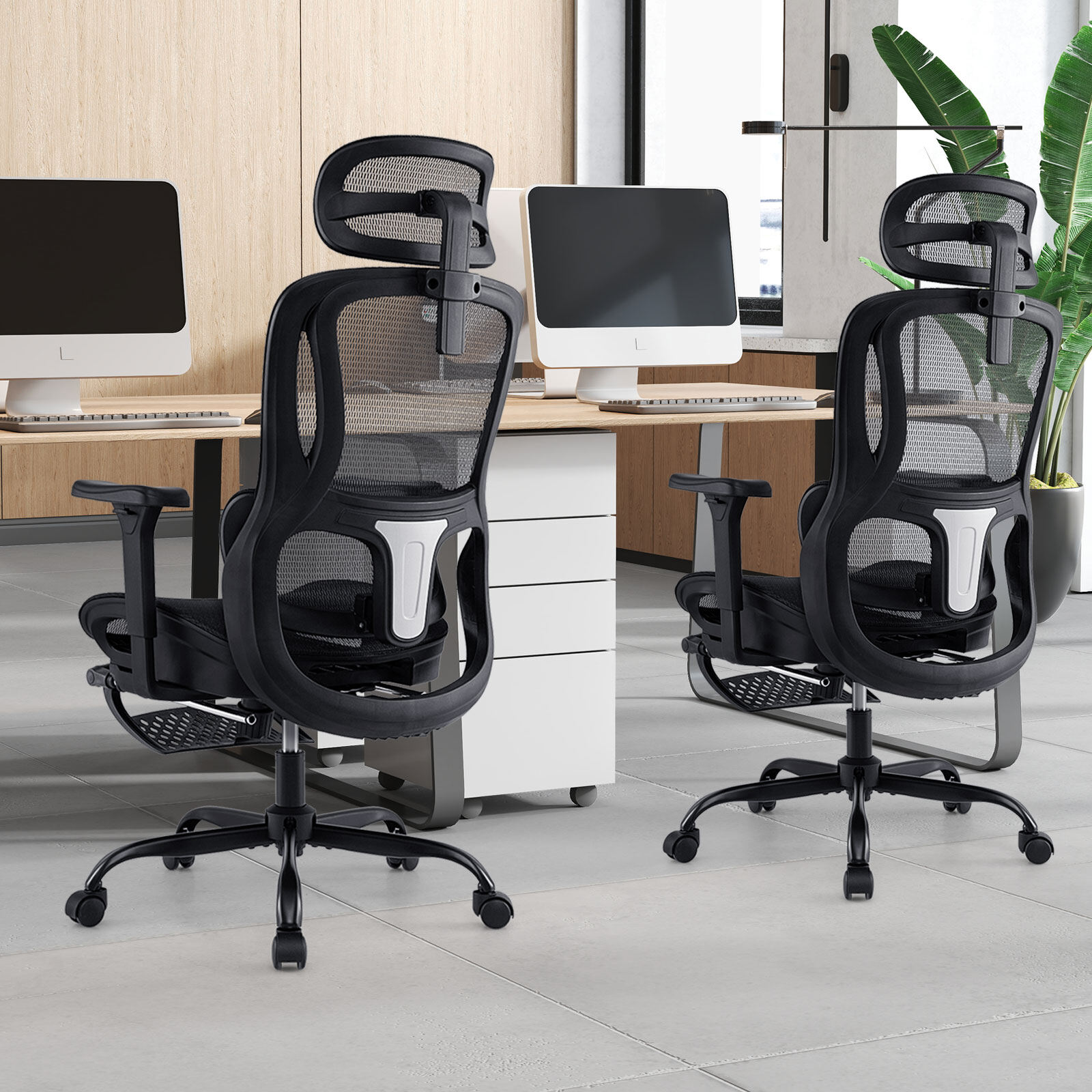 Ergonoomiline kontoritool, pöörlev arvutilaua tool pöörleva peatoega - must