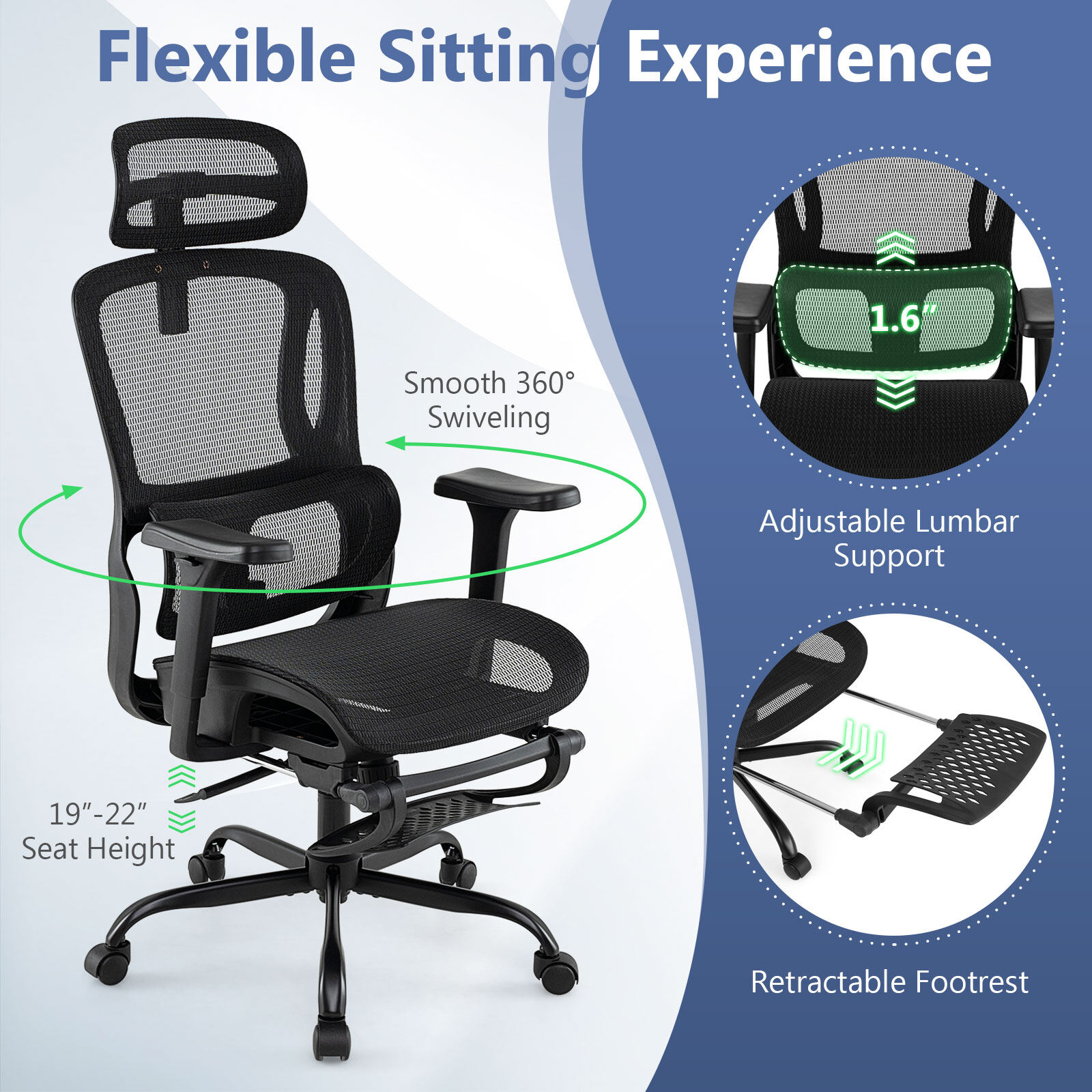 Ergonoomiline kontoritool, pöörlev arvutilaua tool pöörleva peatoega - must