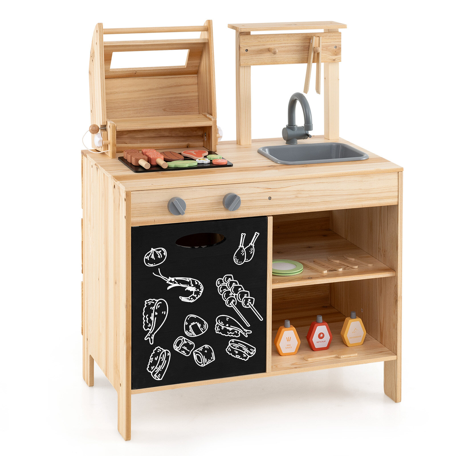 Costway Wooden Barbecue Grill Playset with Chalkboard and Sink and Cabinet-Natural