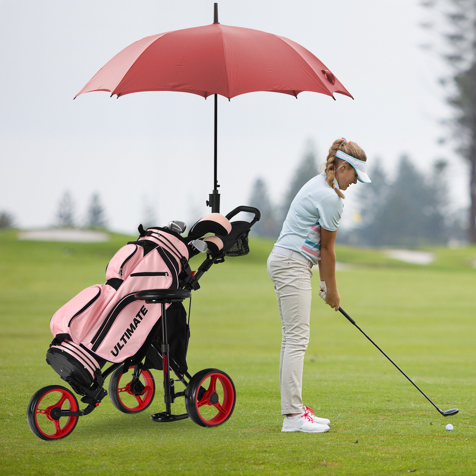 3 Wheels Folding Golf Push Cart with Seat Scoreboard and Adjustable Handle-Red 3 Wheels Folding Golf Push Cart with Seat Scoreboard and Adjustable Handle-Red