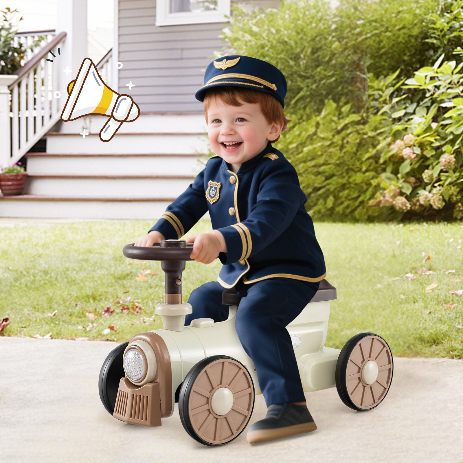 Ride on Toy with Steering Wheel and Train Whistle Sound Button-Beige Ride on Toy with Steering Wheel and Train Whistle Sound Button-Beige