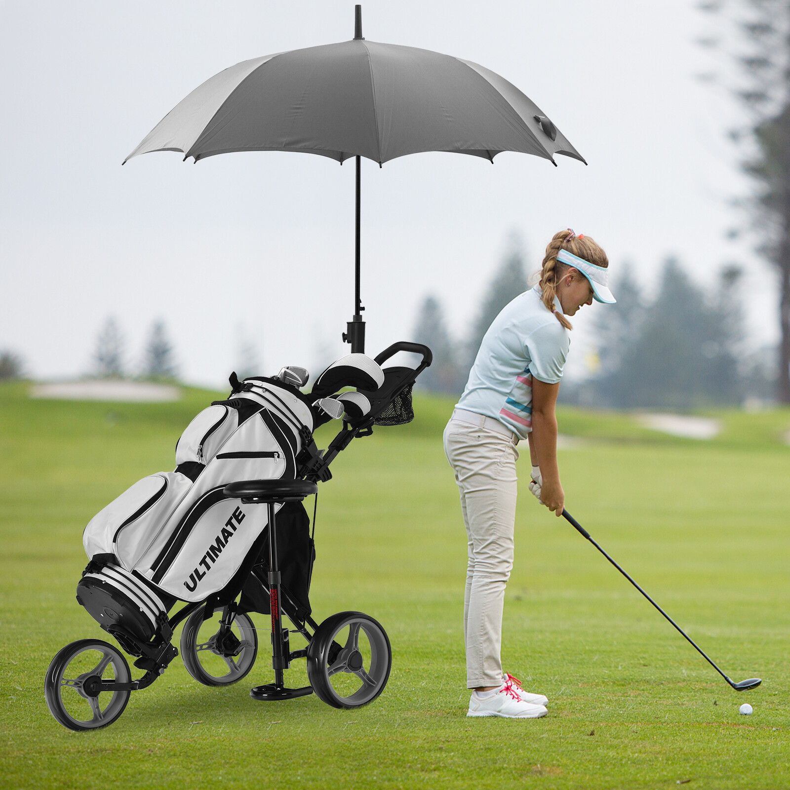3 Wheels Folding Golf Push Cart with Seat Scoreboard and Adjustable Handle-Gray 3 Wheels Folding Golf Push Cart with Seat Scoreboard and Adjustable Handle-Gray