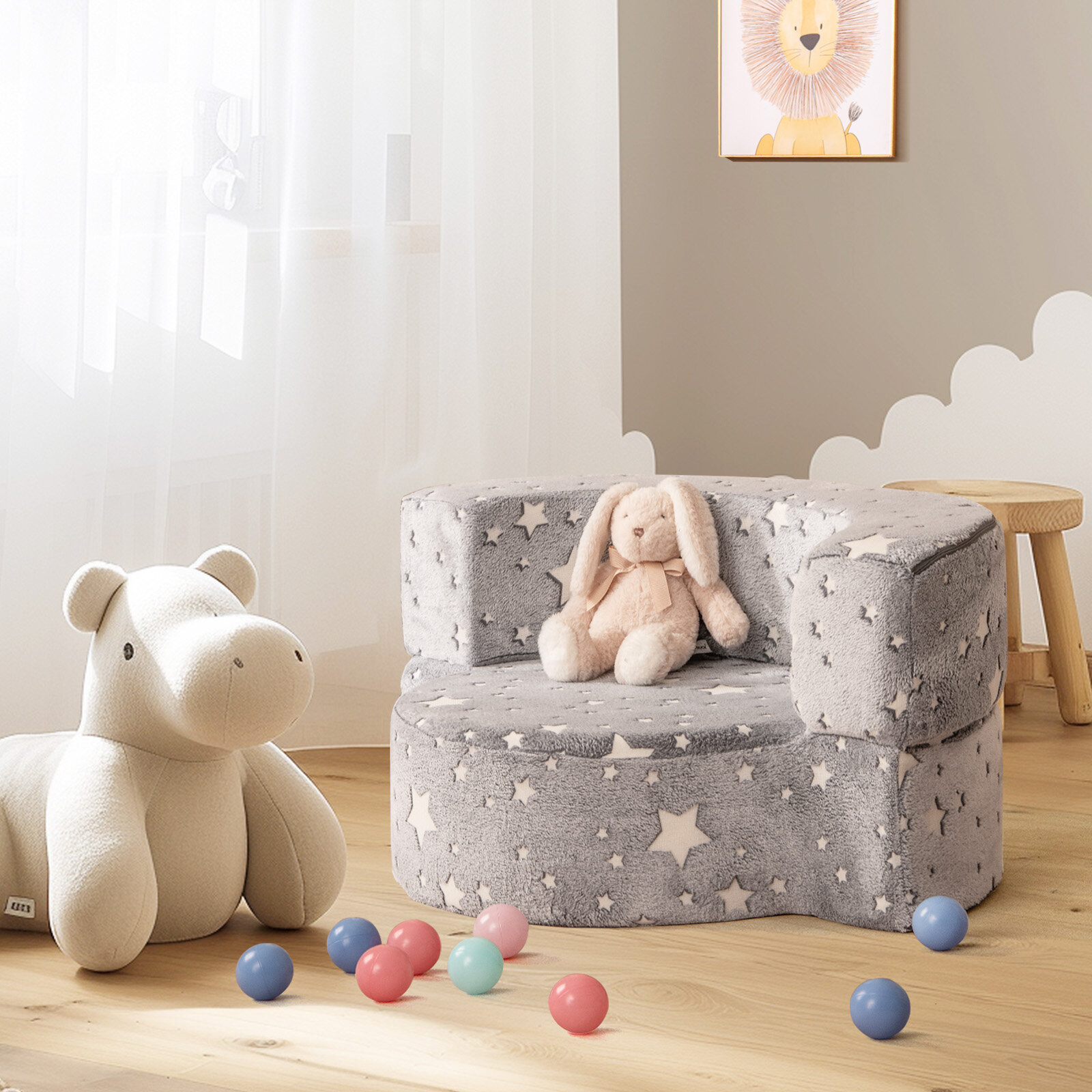 2-in-1 Toddler Chair Glow in the Dark Kids Couch with Cover Convertible Sofa-Gray