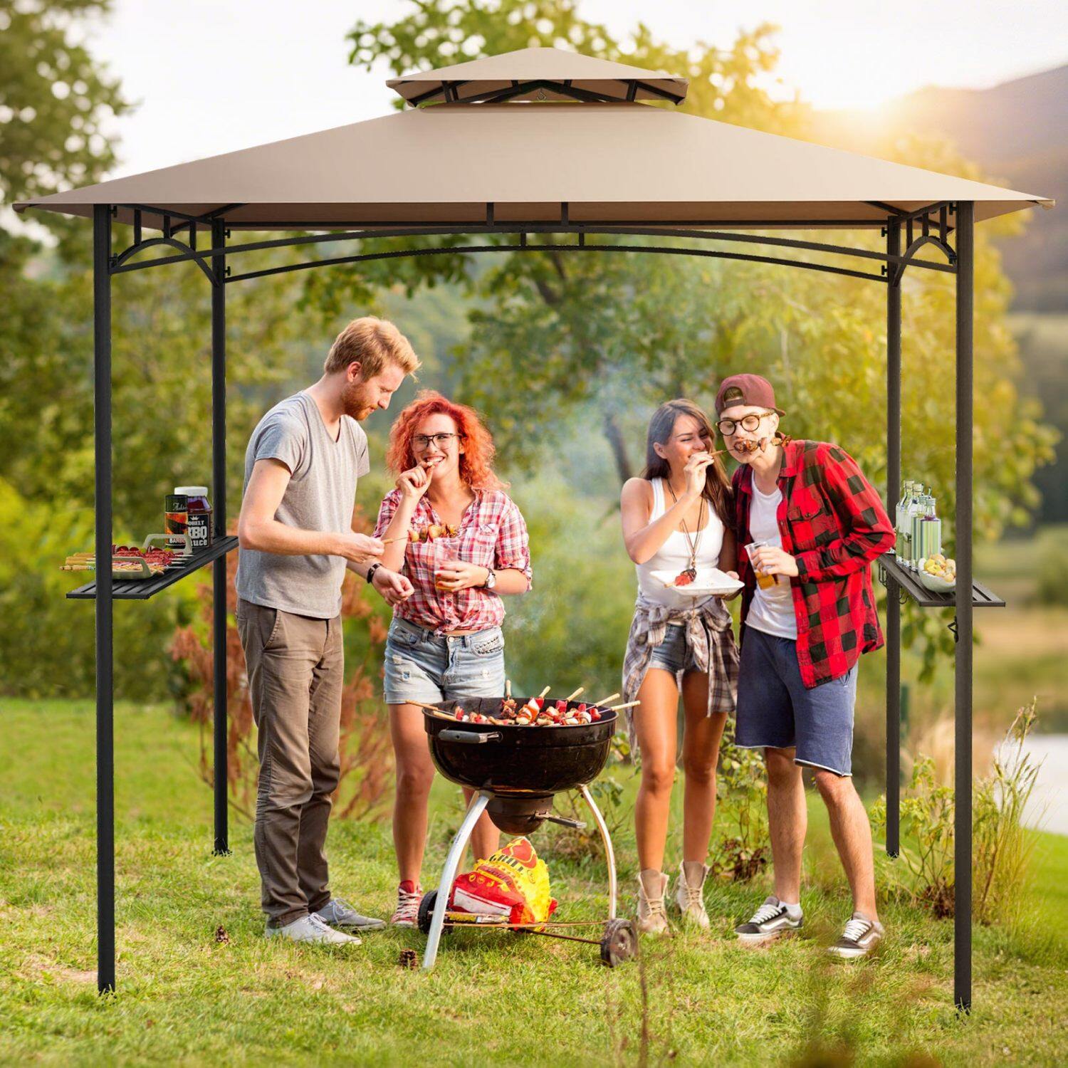 8 x 5 jala (2,4 x 1,5 meetri) grillvarikatus 2 riiuli, 6 konksu ja metallraamiga - maalähedane pruun