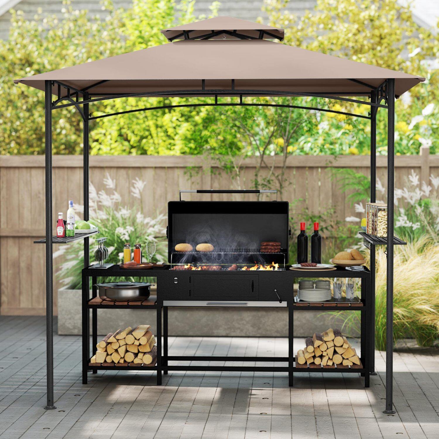 8 x 5 jala (2,4 x 1,5 meetri) grillvarikatus 2 riiuli, 6 konksu ja metallraamiga - maalähedane pruun