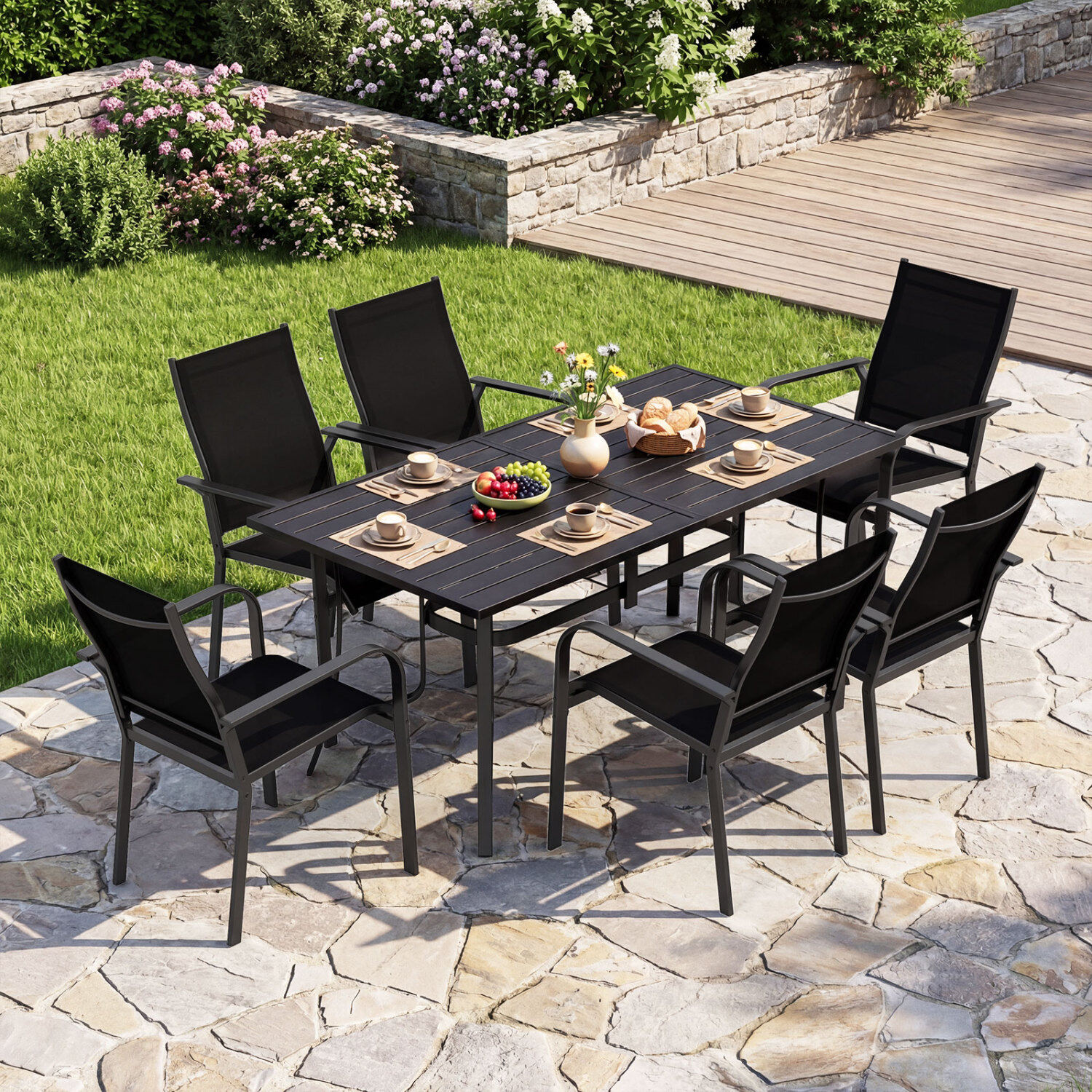 160 cm x 84 cm ristkülikukujuline metallist terrassilaud 6 inimesele - must