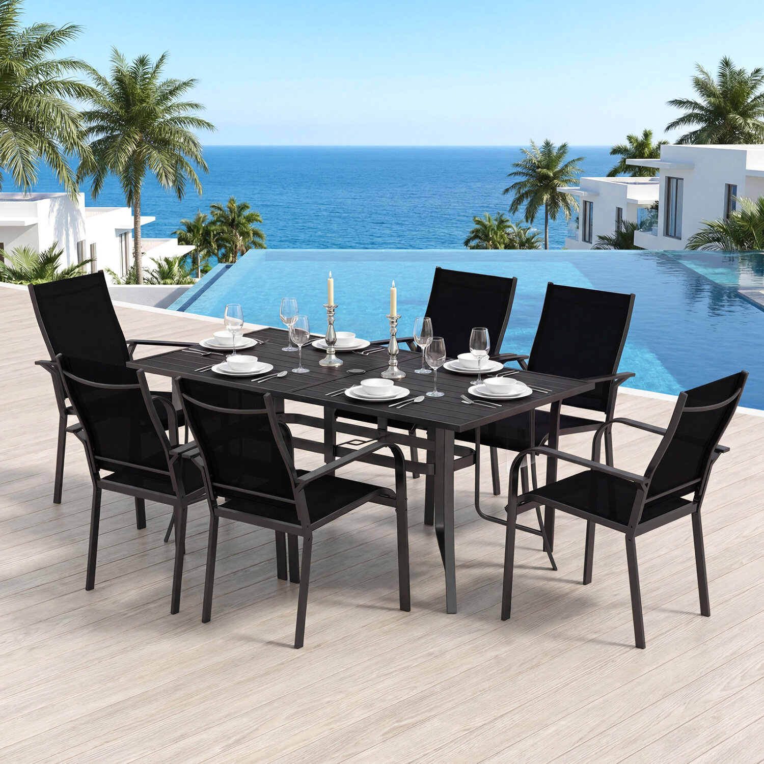160 cm x 84 cm ristkülikukujuline metallist terrassilaud 6 inimesele - must