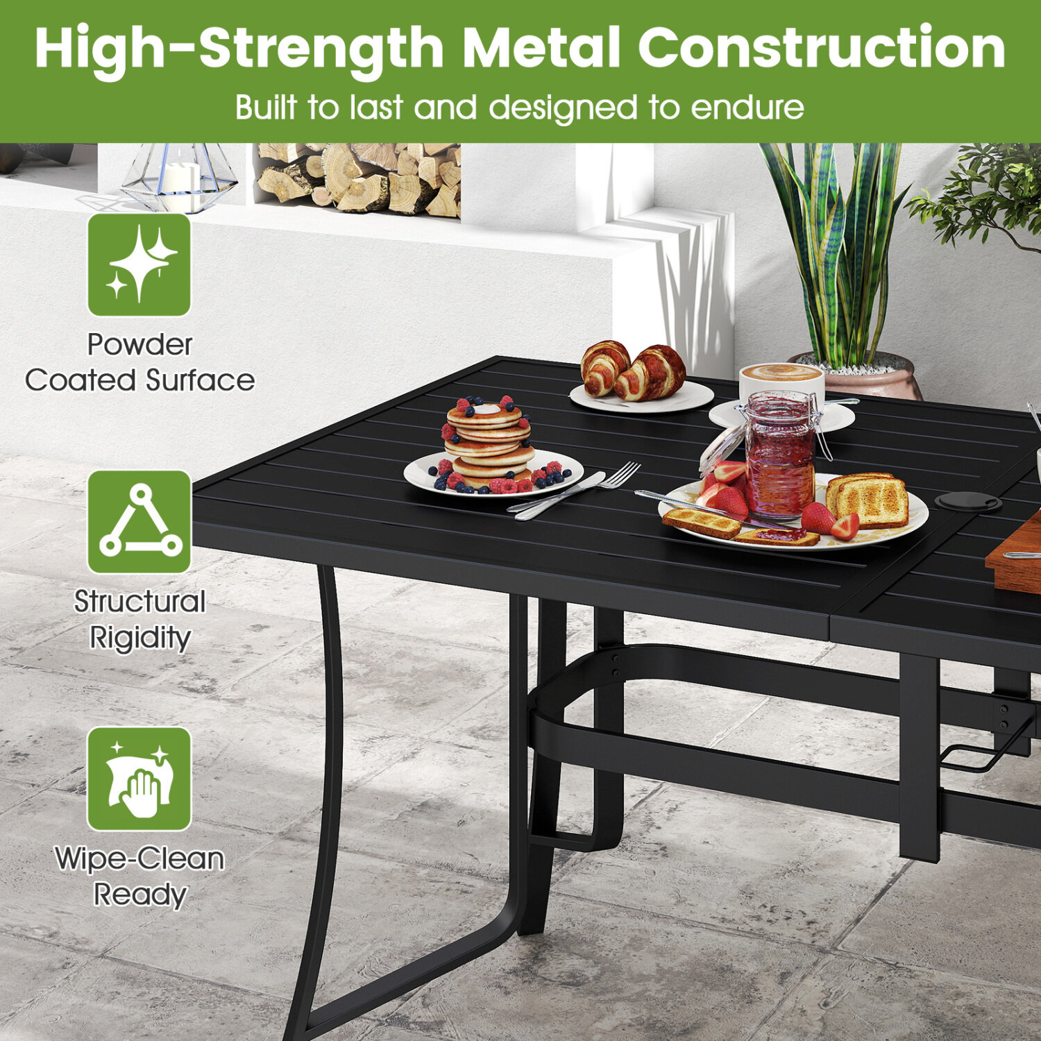160 cm x 84 cm ristkülikukujuline metallist terrassilaud 6 inimesele - must