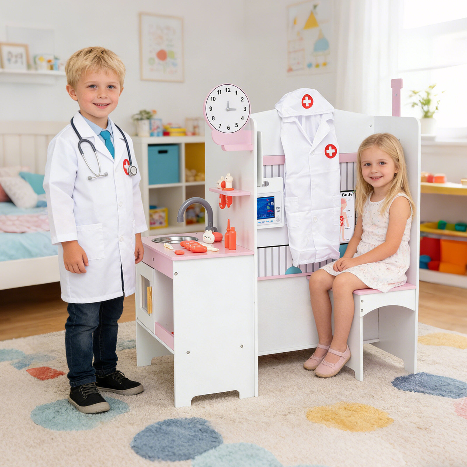 Kids Doctor Play Set with Adjustable Height Bar-Pink Kids Doctor Play Set with Adjustable Height Bar-Pink