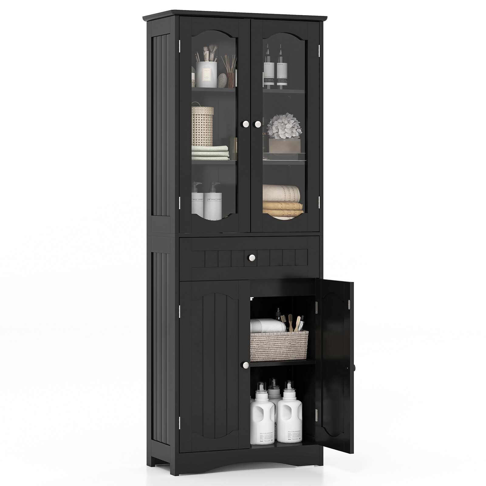 Costway 63 Inch Tall Bathroom Storage Cabinet with 2 Glass Doors and Adjustable Shelves-Black Costway 63 Inch Tall Bathroom Storage Cabinet with 2 Glass Doors and Adjustable Shelves-Black
