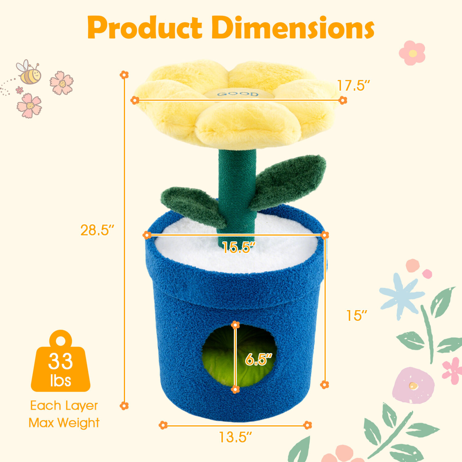 Cute Cat Tree with Flower Padded Perch for Indoor Cats-Yellow Cute Cat Tree with Flower Padded Perch for Indoor Cats-Yellow