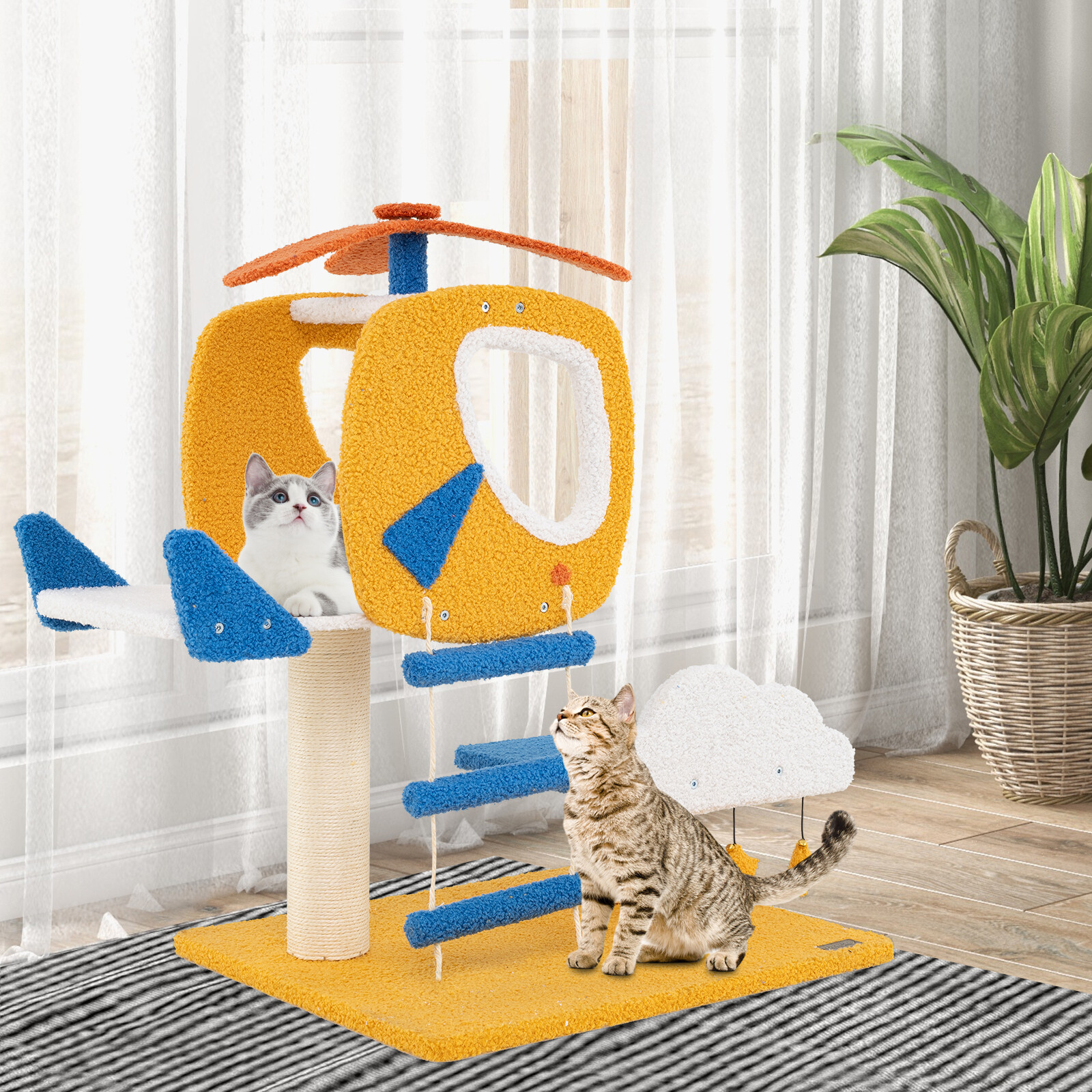 Indoor Small Aviation-themed Cat Tree Cat Tower with Helicopter Top Perch-Yellow Indoor Small Aviation-themed Cat Tree Cat Tower with Helicopter Top Perch-Yellow