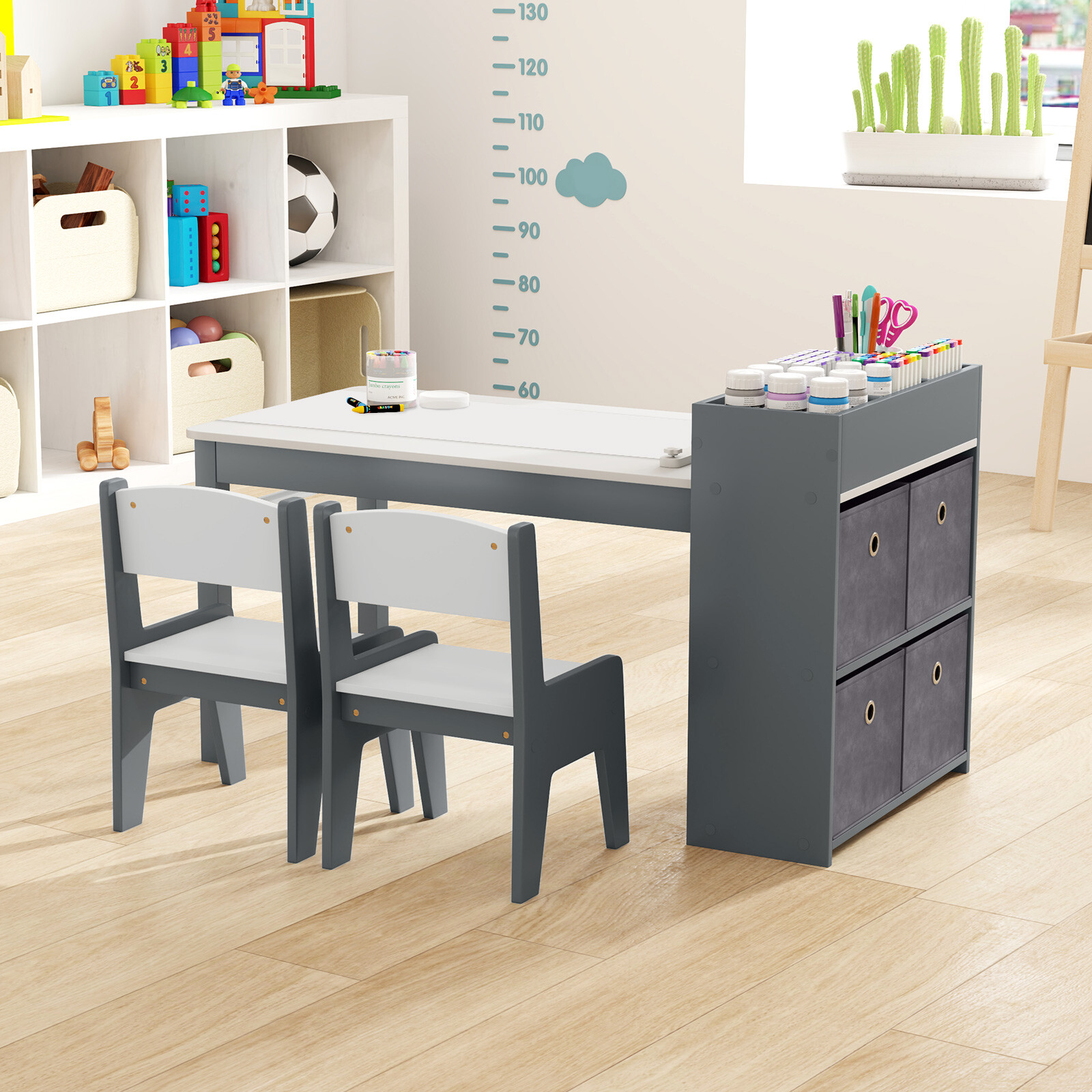 Kids Art Table and Chairs Set with 2 Chairs and Paper Roll-Gray