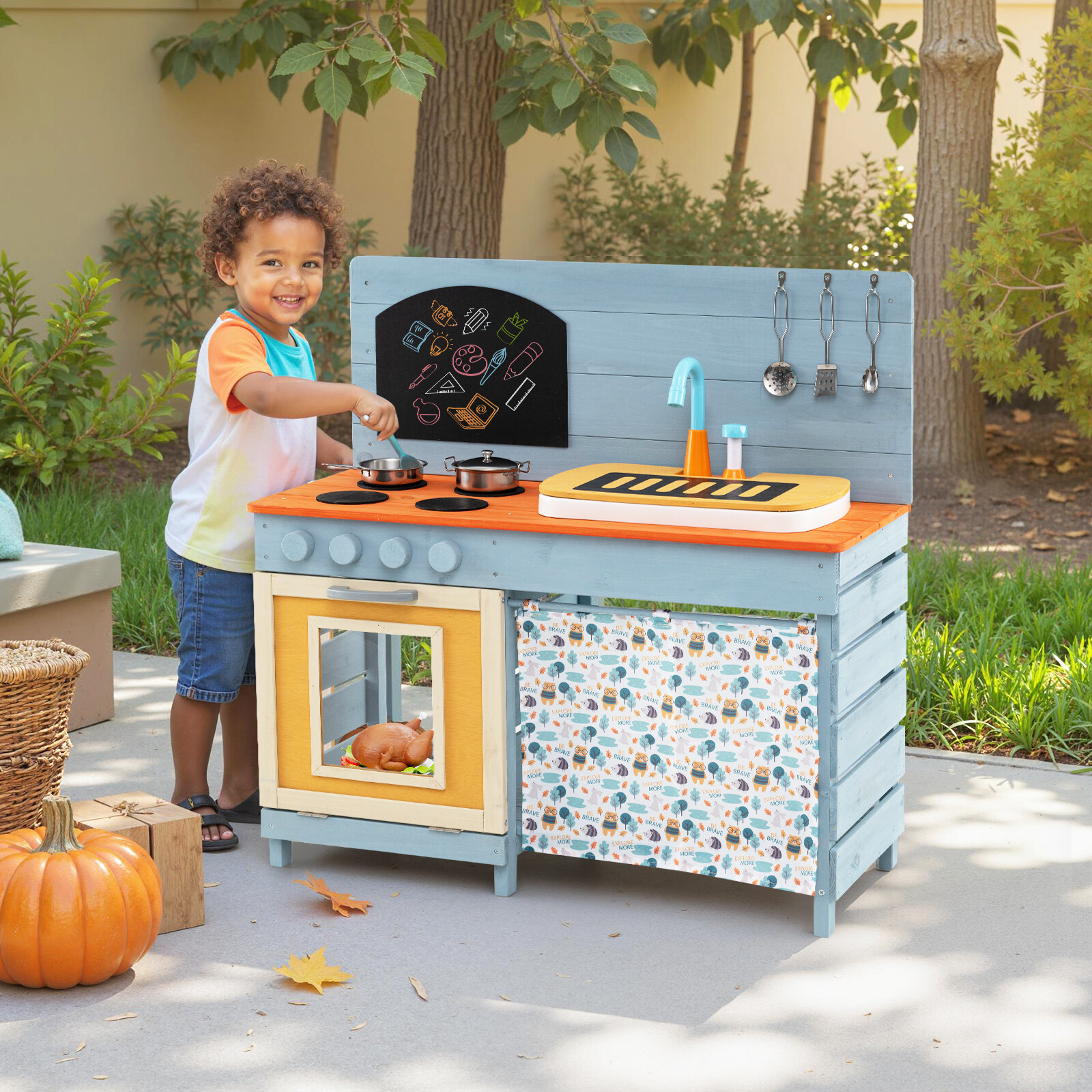 Wooden Toy Kitchen Playset with Removable Circulation Faucet and Cooking Accessories-Blue Wooden Toy Kitchen Playset with Removable Circulation Faucet and Cooking Accessories-Blue