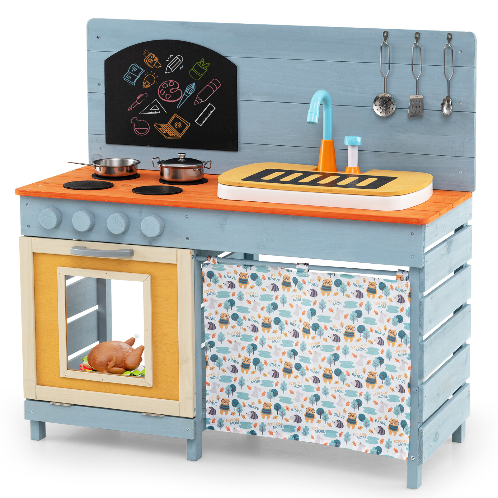 Costway Wooden Toy Kitchen Playset with Removable Circulation Faucet and Cooking Accessories-Blue Costway Wooden Toy Kitchen Playset with Removable Circulation Faucet and Cooking Accessories-Blue