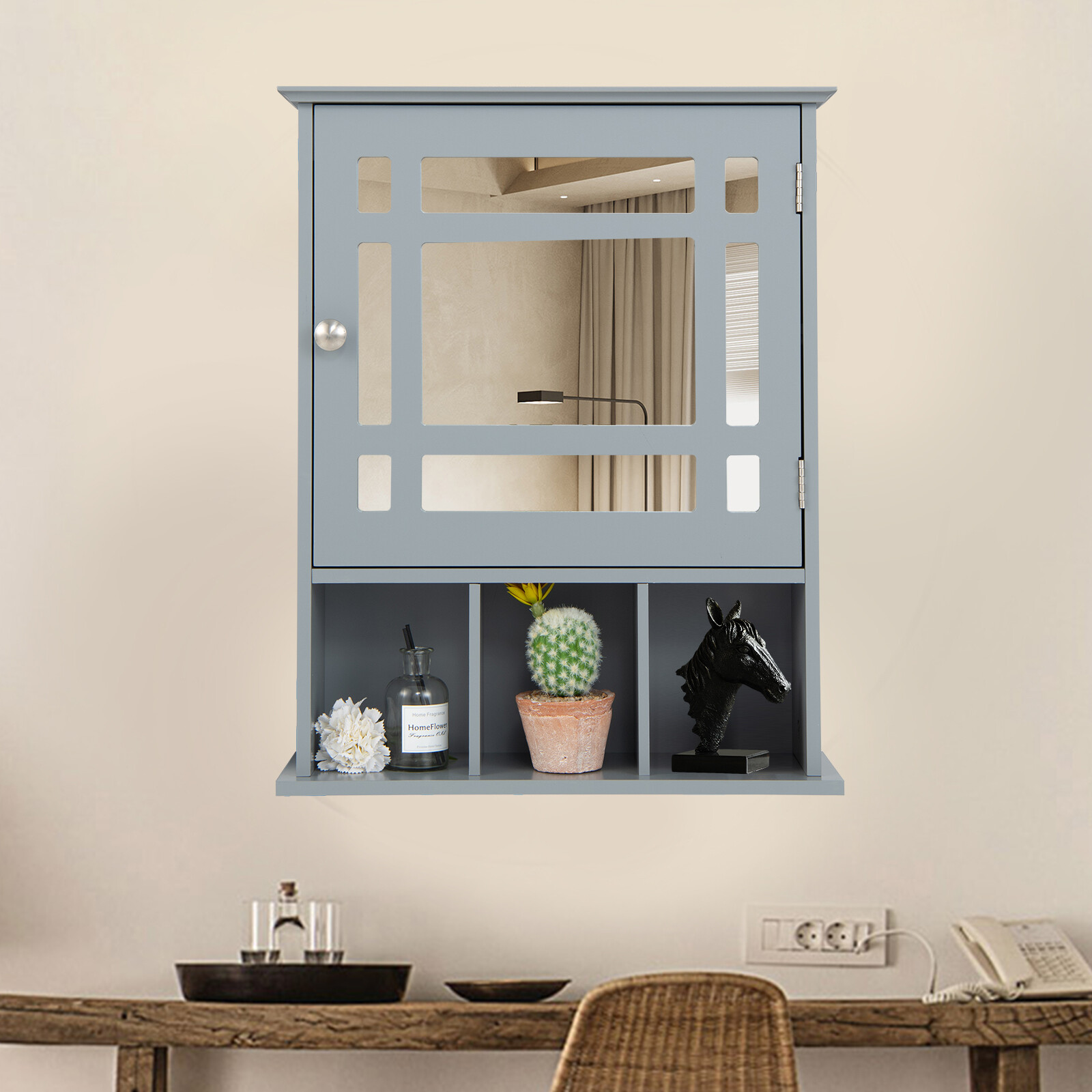 Wall Mounted and Mirrored Bathroom Cabinet-Gray Wall Mounted and Mirrored Bathroom Cabinet-Gray