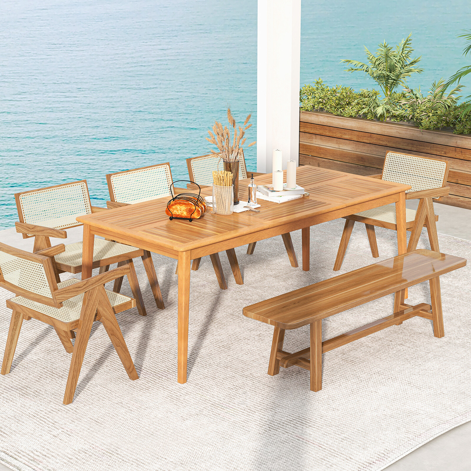 8-Person Outdoor Acacia Wood Dining Rectangular Bistro Table with Umbrella Hole
