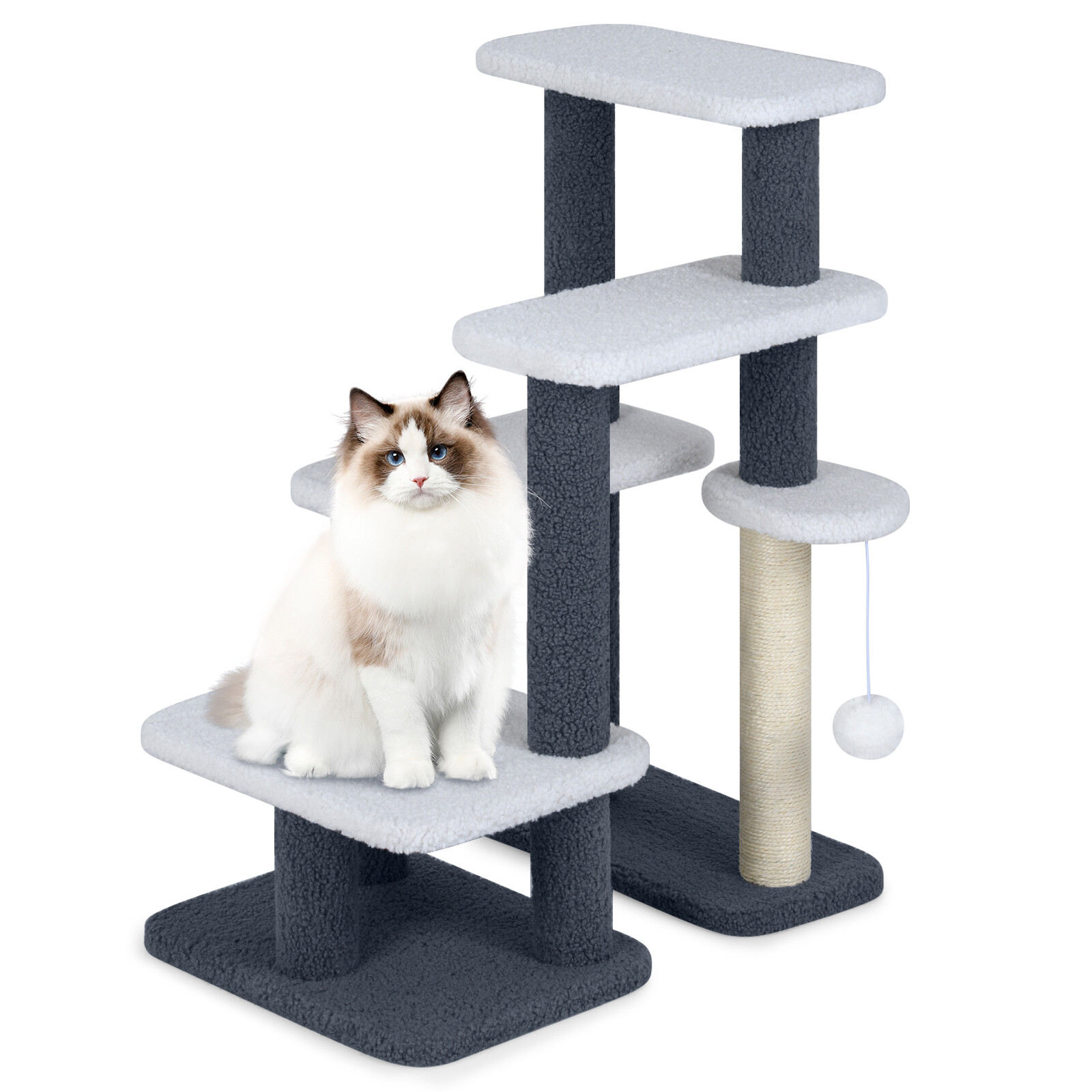 2-in-1 Cat Stairs Cat Tree Tower with Scratching Posts and Hanging Toy Ball-Gray 2-in-1 Cat Stairs Cat Tree Tower with Scratching Posts and Hanging Toy Ball-Gray