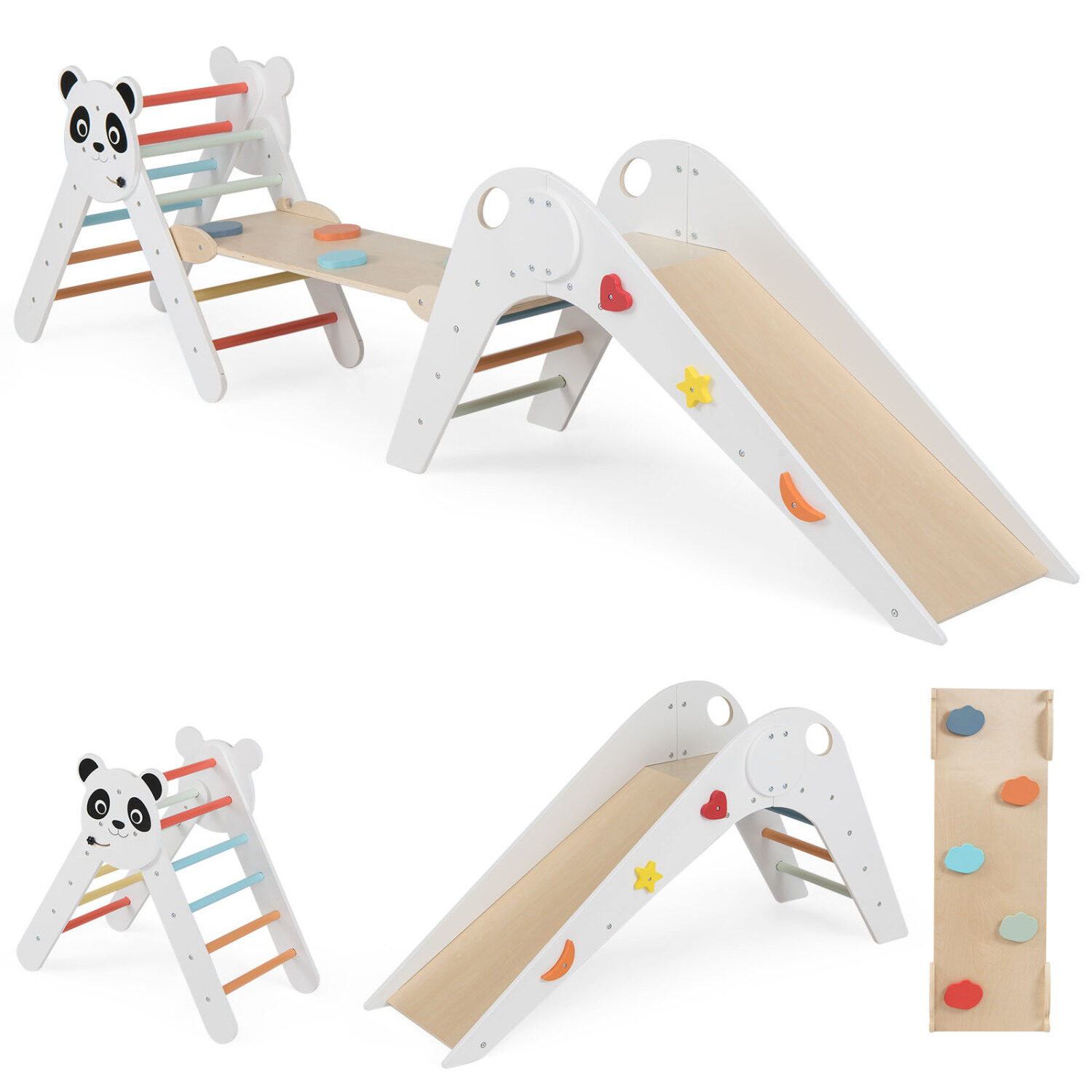 Kolmnurkne kokkupandav laste ronimismänguasjade komplekt panda-teemaline puidust Montessori ronimiskomplekt - mitmevärviline