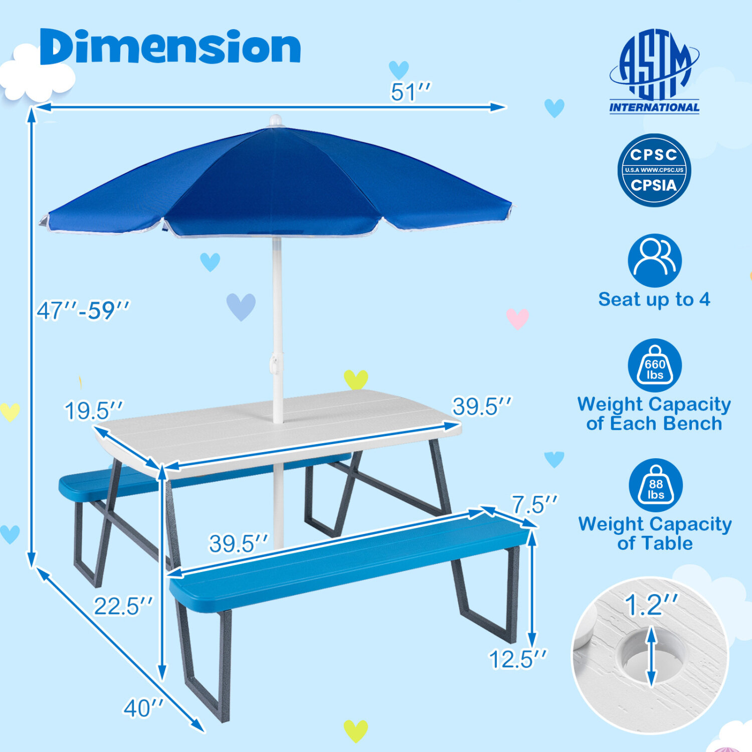 Immagine prodotto - Tavolo da picnic per bambini con panche e ombrellone