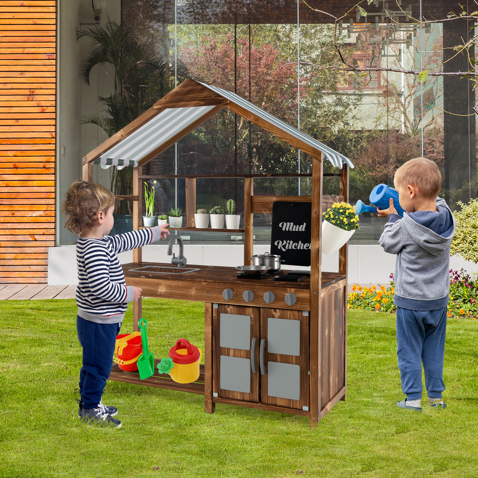 Kid’s Mud Kitchen Outdoor Solid Wood Mud Kitchen with Canopy-Natural Kid’s Mud Kitchen Outdoor Solid Wood Mud Kitchen with Canopy-Natural