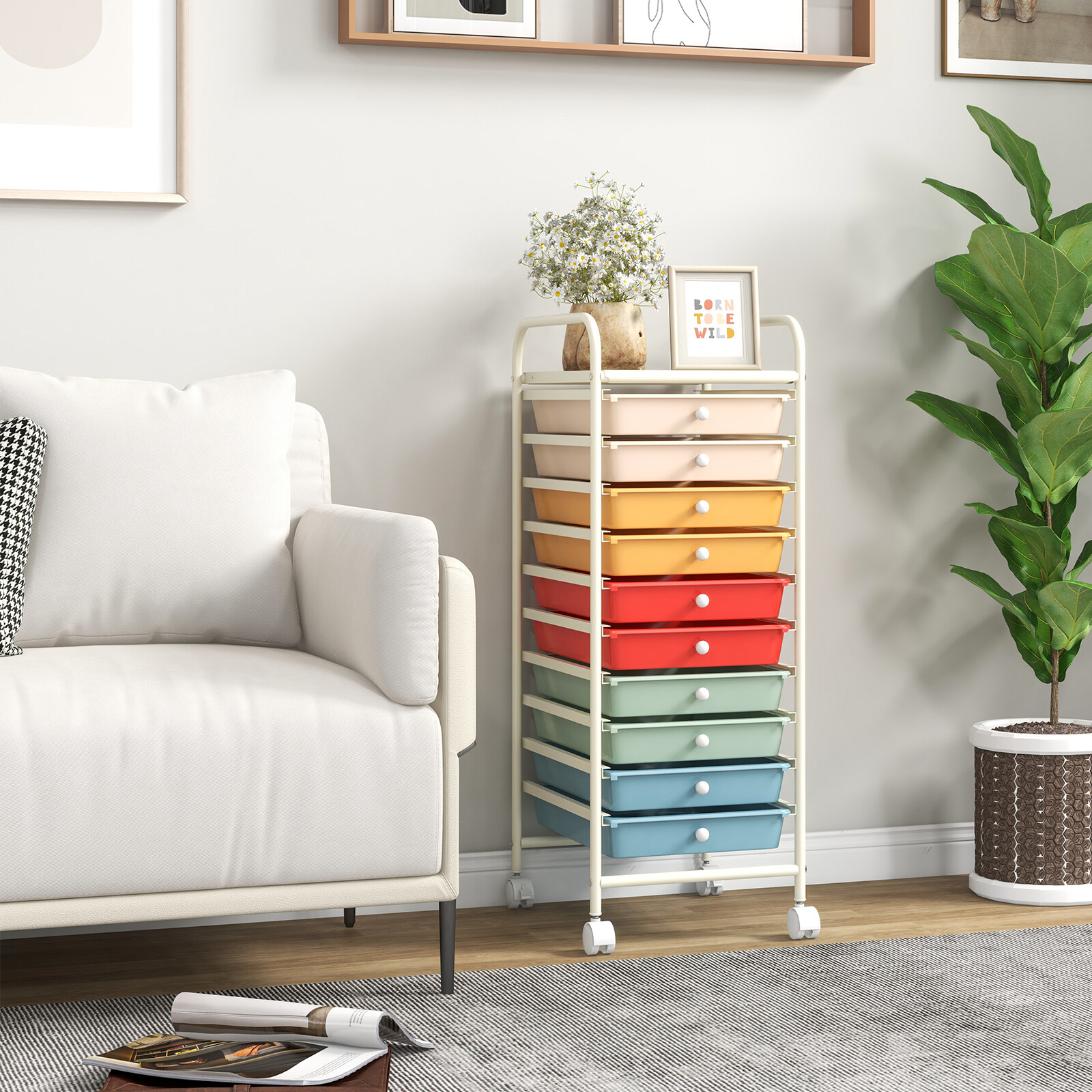 10 Drawer Rolling Storage Cart Organizer with 4 Universal Casters-Macaron Multicolor