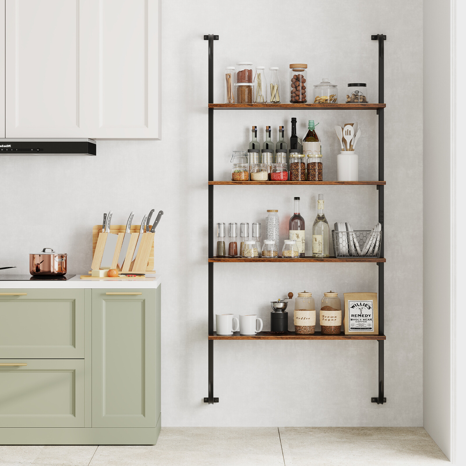 4-astmeline tööstuslik toruriiul metallraamiga elutuppa ja kööki – maalähedane pruun