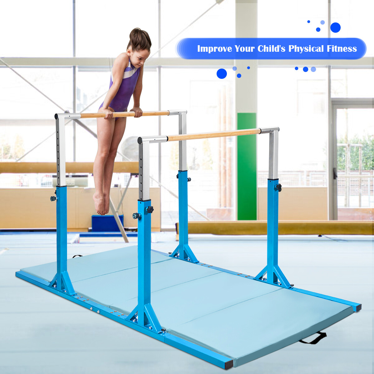 Kids Double Horizontal Bars Gymnastic Training Parallel Bars Adjustable-Blue Kids Double Horizontal Bars Gymnastic Training Parallel Bars Adjustable-Blue