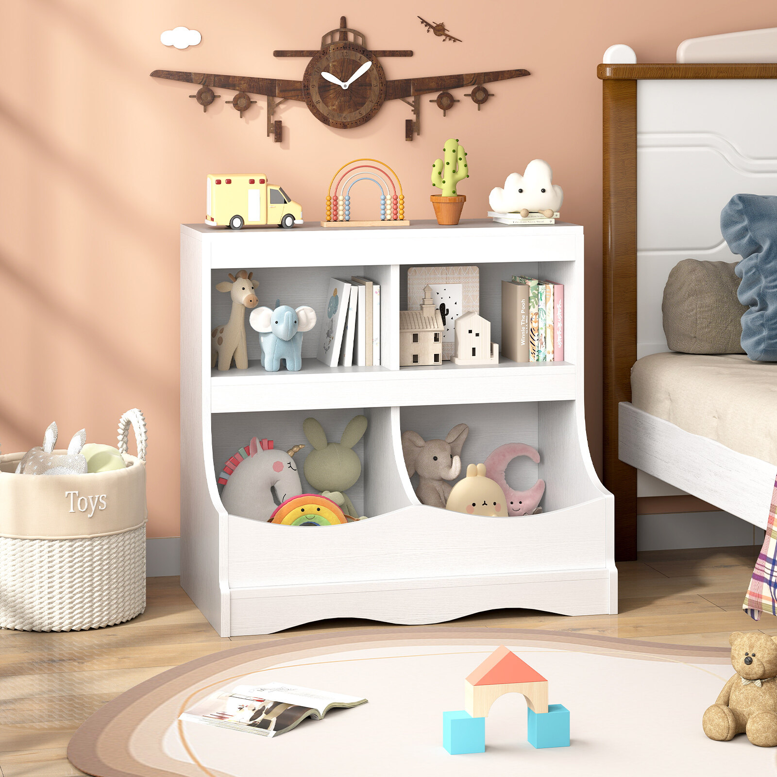 Toy Storage Organizer 4-Cubby Kids Bookcase for Toys and Books-White Toy Storage Organizer 4-Cubby Kids Bookcase for Toys and Books-White
