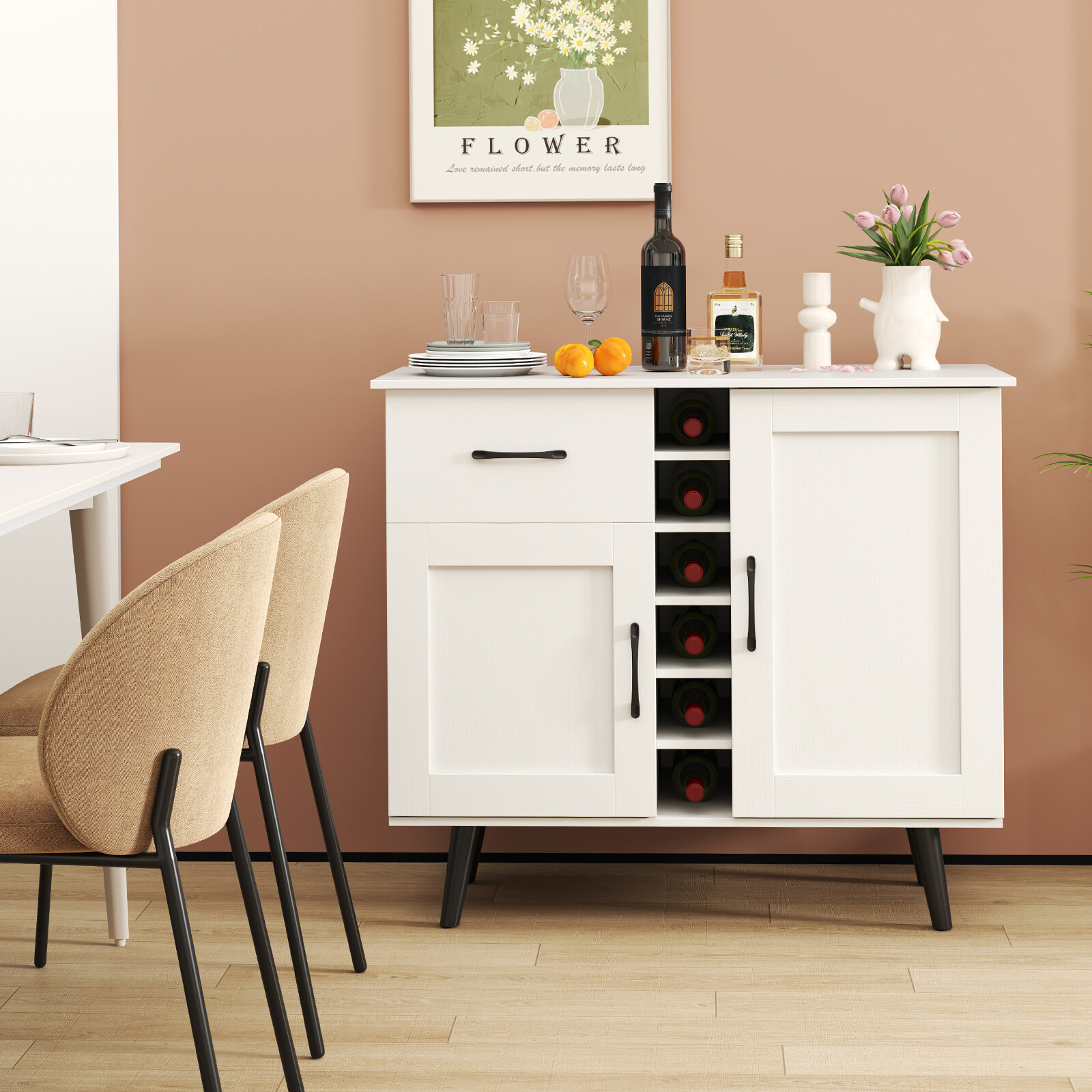 Moodne veinibaari buffet-kapp 6 pudeli veiniriiuliga - valge