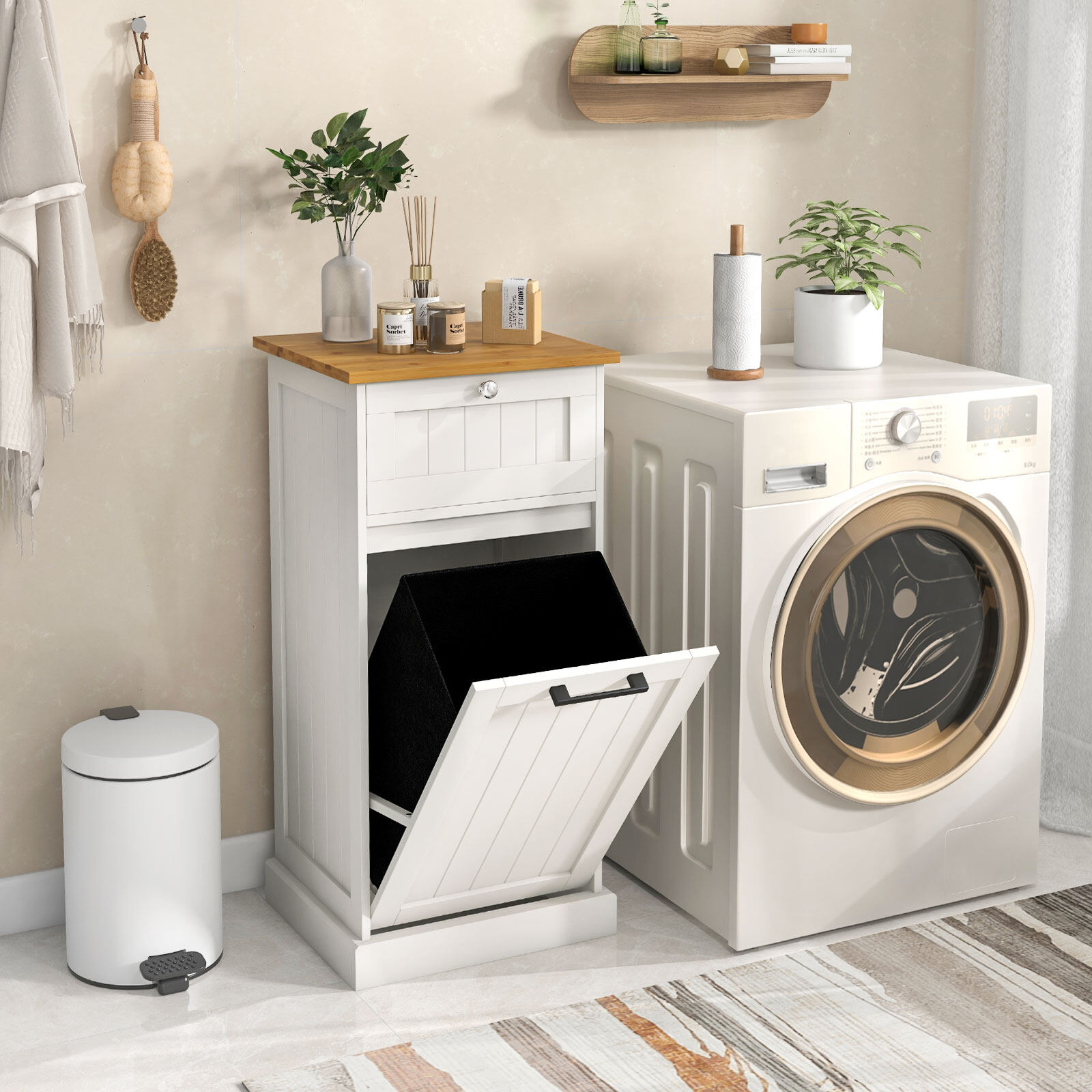 Freestanding Tilt Out Laundry Cabinet with Basket-White Freestanding Tilt Out Laundry Cabinet with Basket-White