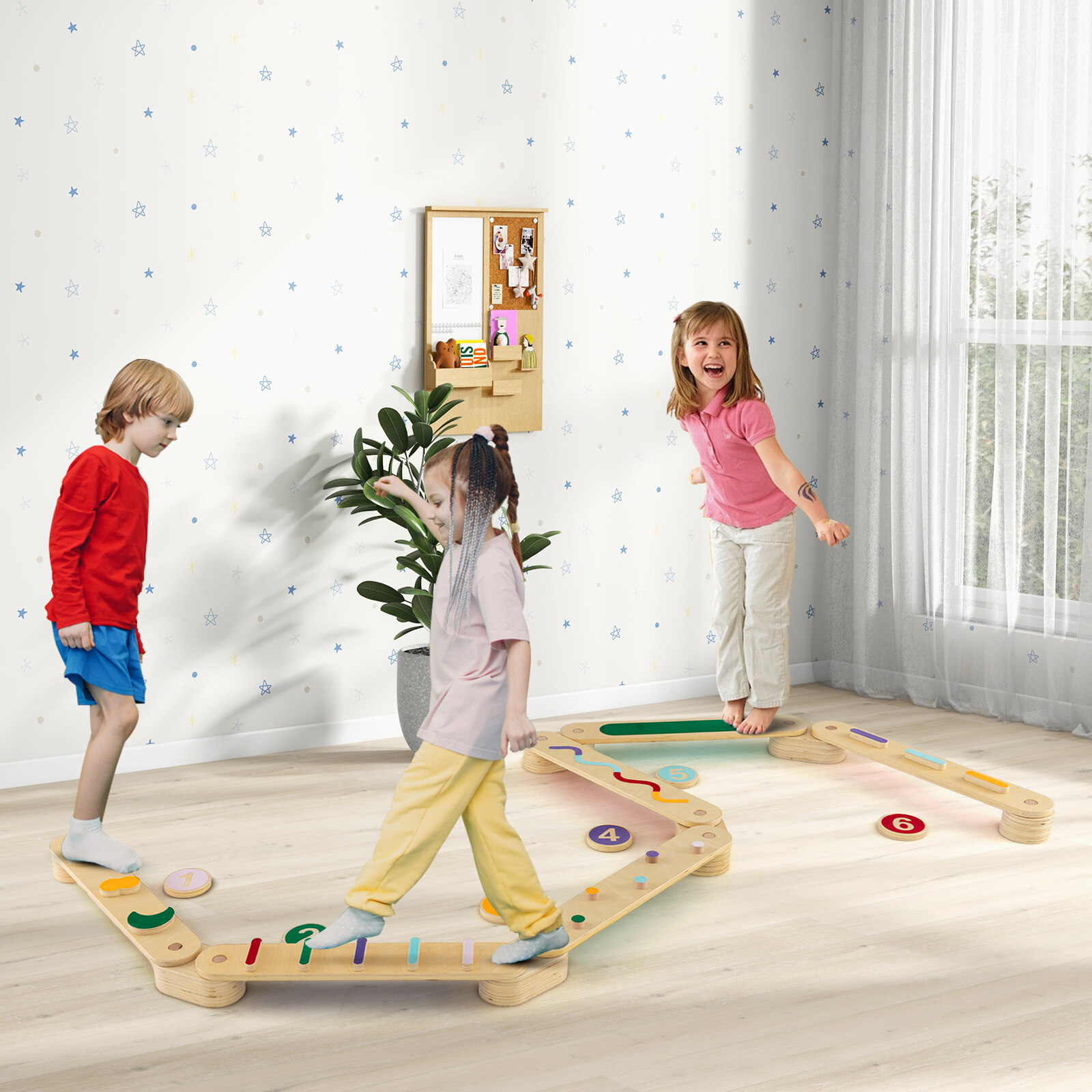 Montessori tasakaalutala komplekt, puidust tasakaalulauad astmekividega