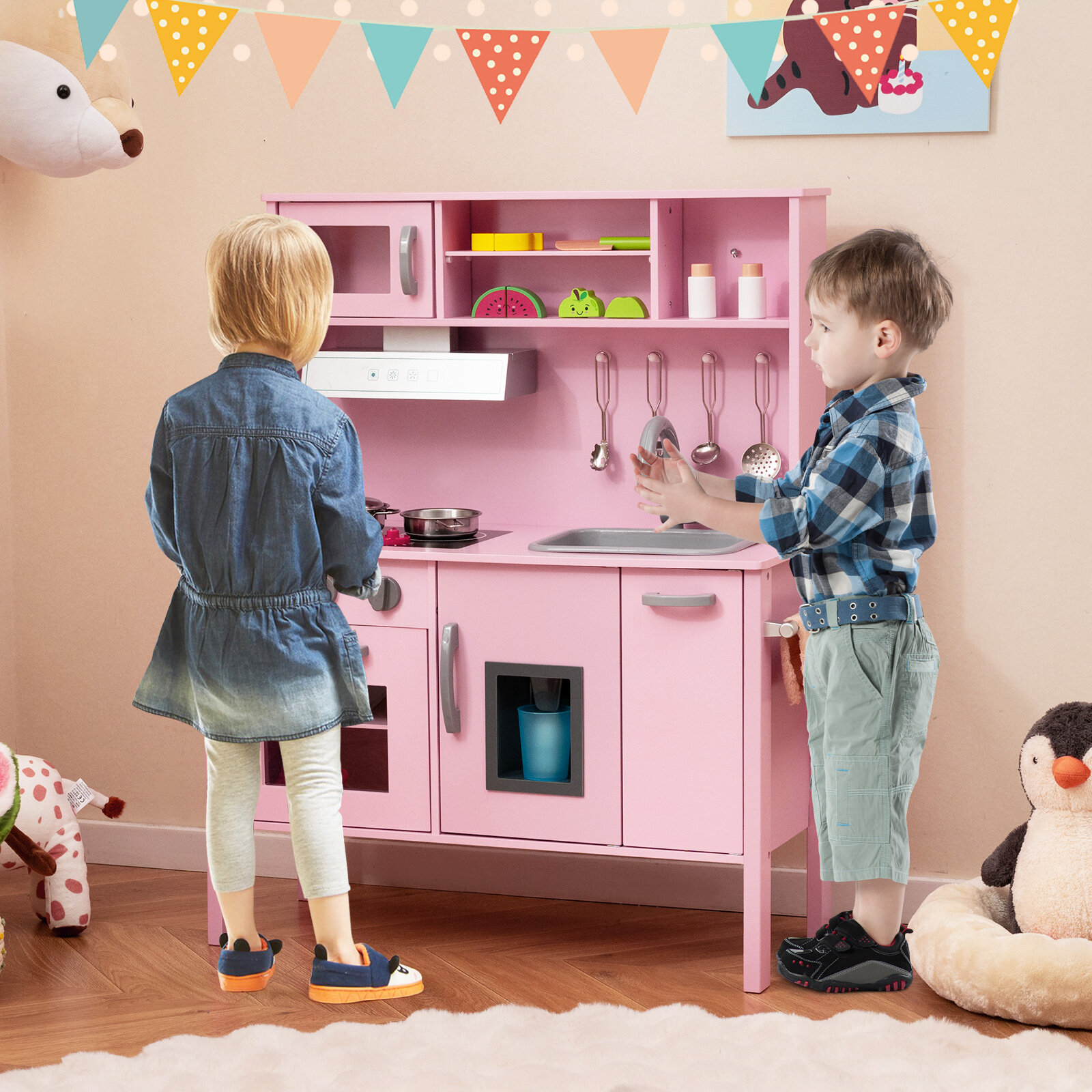 Wooden Pretend Play Kitchen Set for Toddlers-Pink
