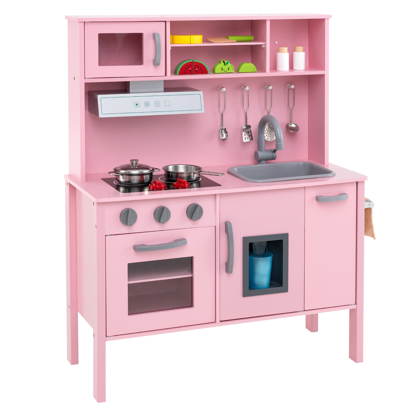 Costway Wooden Pretend Play Kitchen Set for Toddlers-Pink